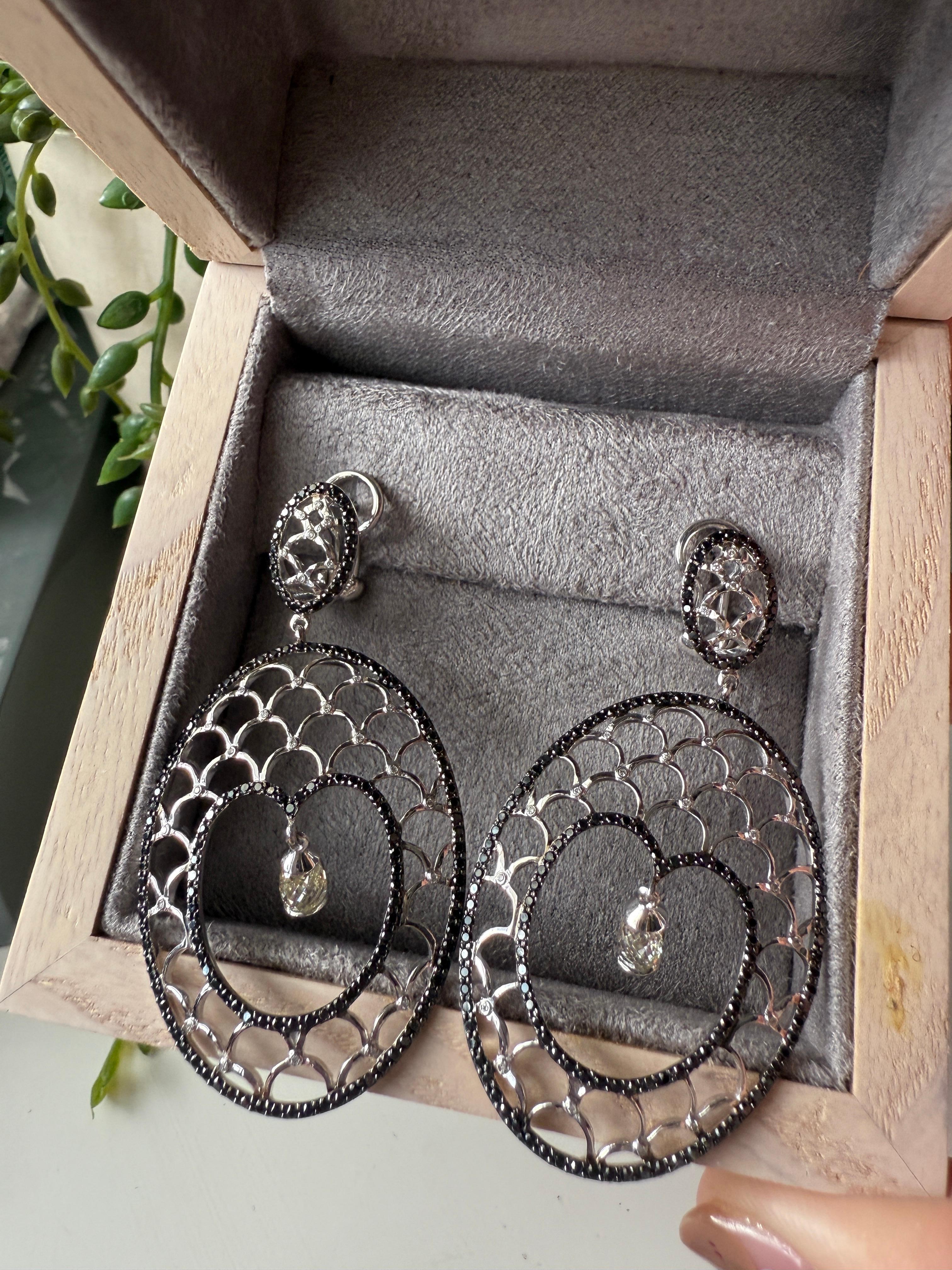18K White Gold Earrings White and Black Diamond For Sale 1