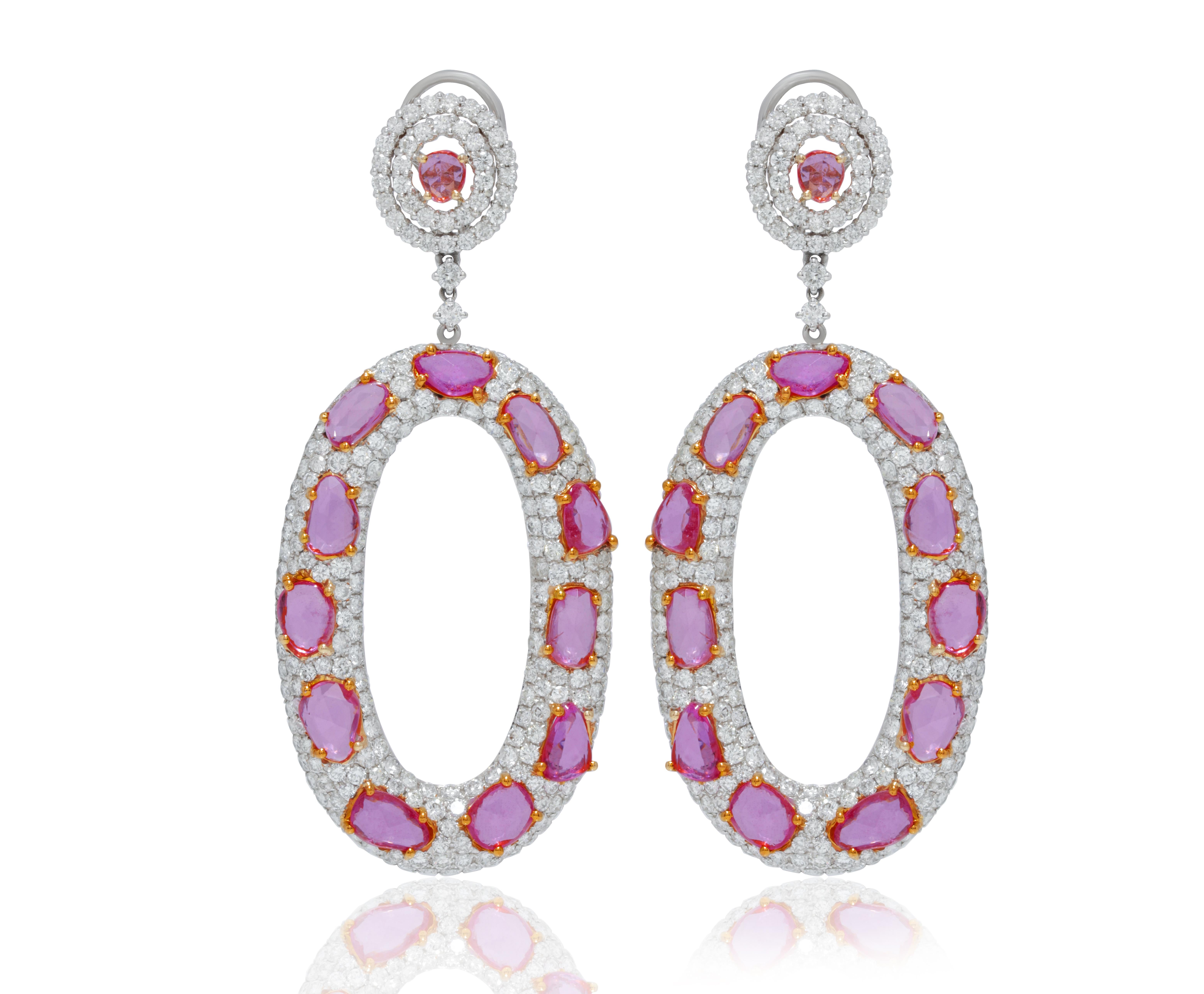 18k White Gold Earrings with 12.62cts Pink Sapphire and 10.85cts Diamond In New Condition For Sale In New York, NY