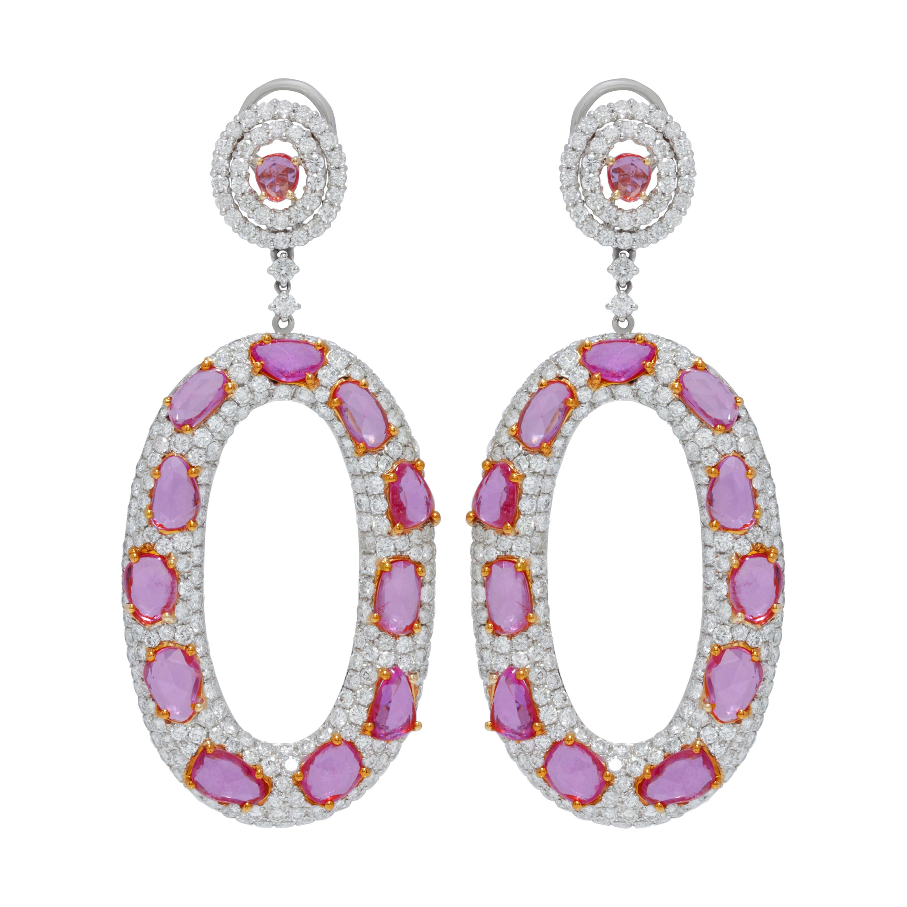 18k White Gold Earrings with 12.62cts Pink Sapphire and 10.85cts Diamond For Sale