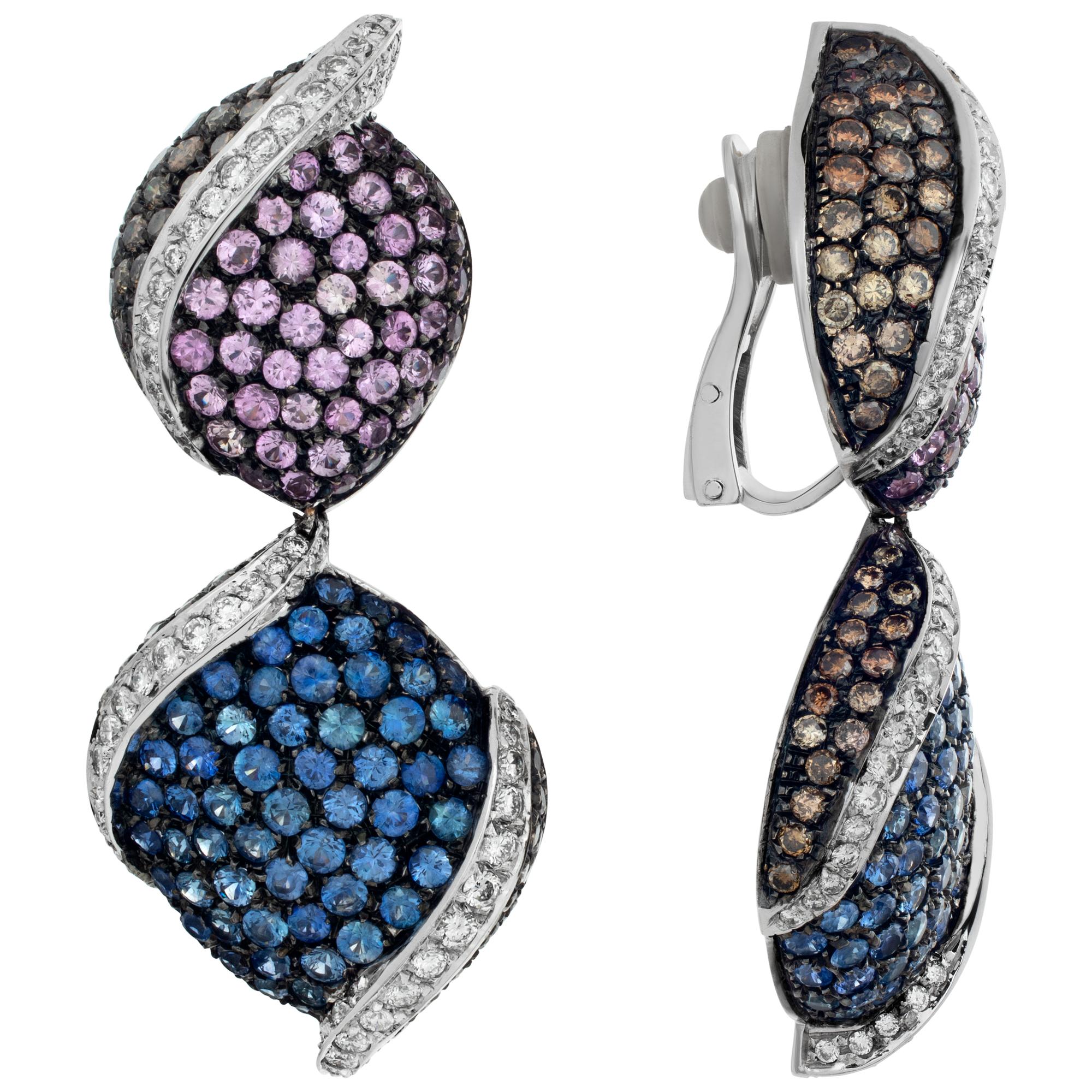 Blue, pink yellow sapphires and round brilliant cut diamonds earrings set in 18K white gold. Round brilliant full cut diamonds total approx weight. 1.5o carat, estimate G-H color, VS-SI clarity. Round brilliant cut  yellow, blue, pink sapphires