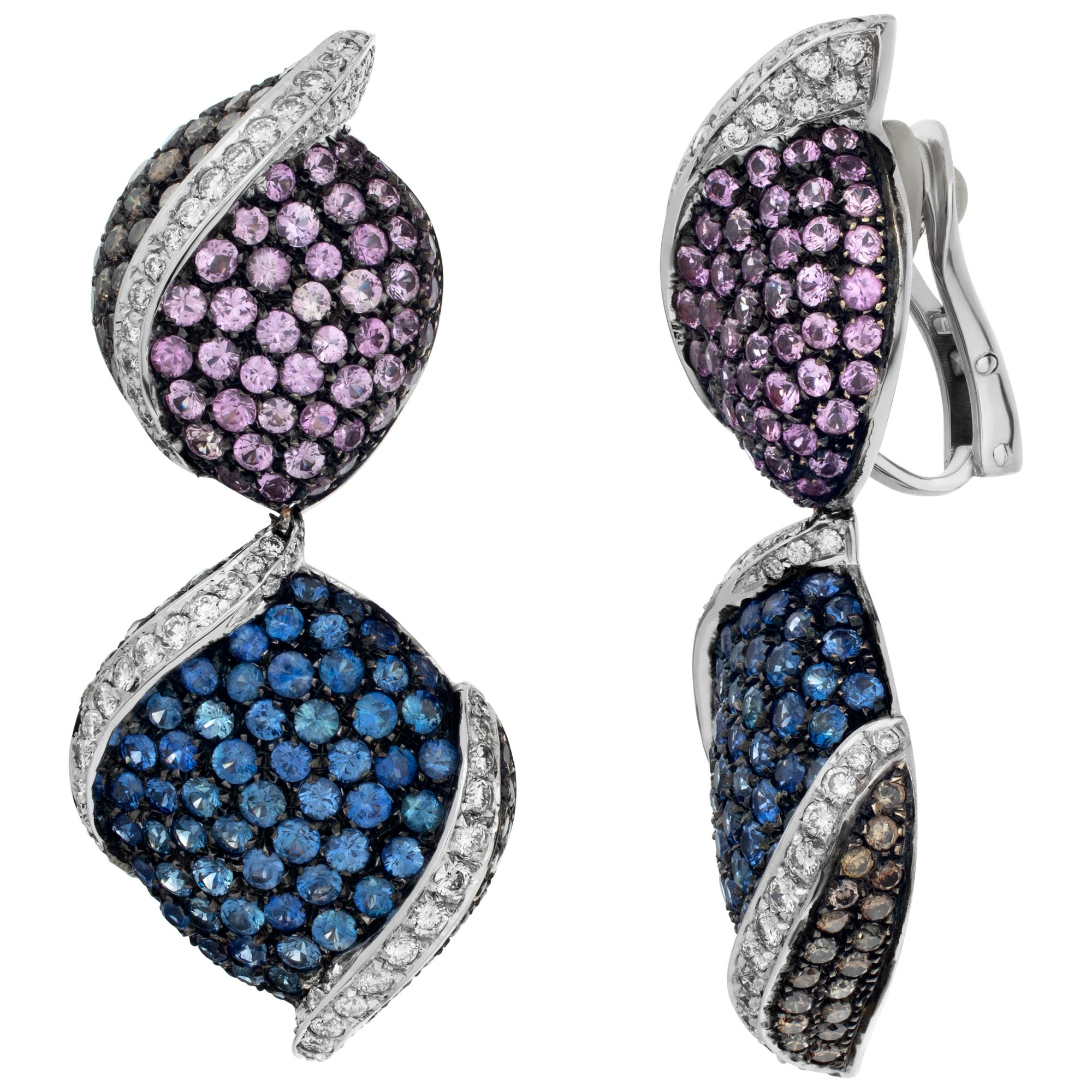 18K white gold earrings with Blue, pink yellow sapphires and round brilliant cut In Excellent Condition For Sale In Surfside, FL