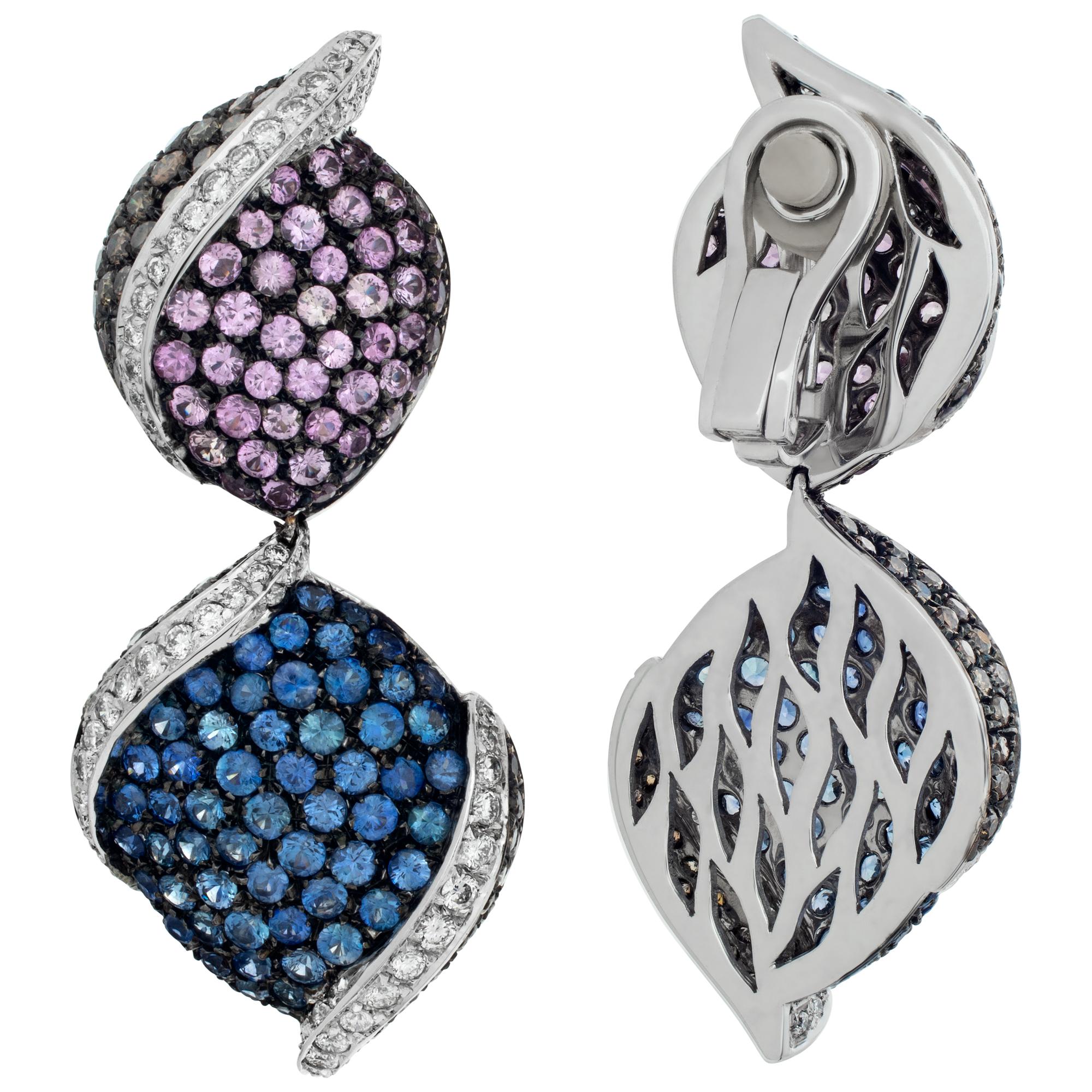 Women's 18K white gold earrings with Blue, pink yellow sapphires and round brilliant cut For Sale