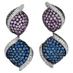 Vintage 18K white gold earrings with Blue, pink yellow sapphires and round brilliant cut