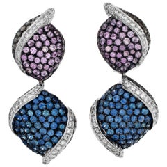 Vintage 18k White Gold Earrings with Blue, Pink Yellow Sapphires and Round Brilliant