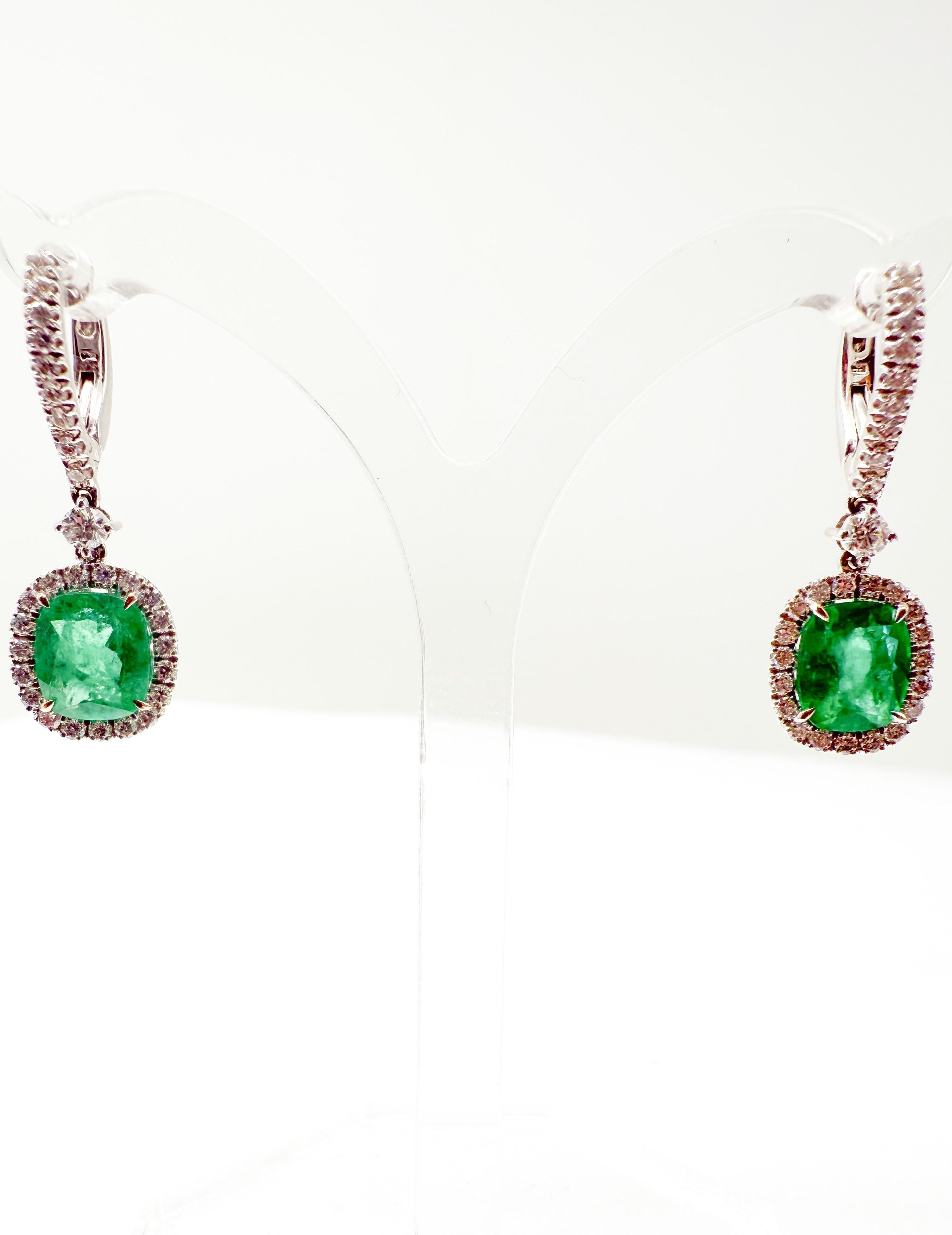 Oval Cut 18K White Gold Earrings with Brazilian Emeralds and Diamonds For Sale