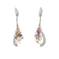 18K White Gold Earrings with Briolette Multi Colour Sapphires and White Diamonds