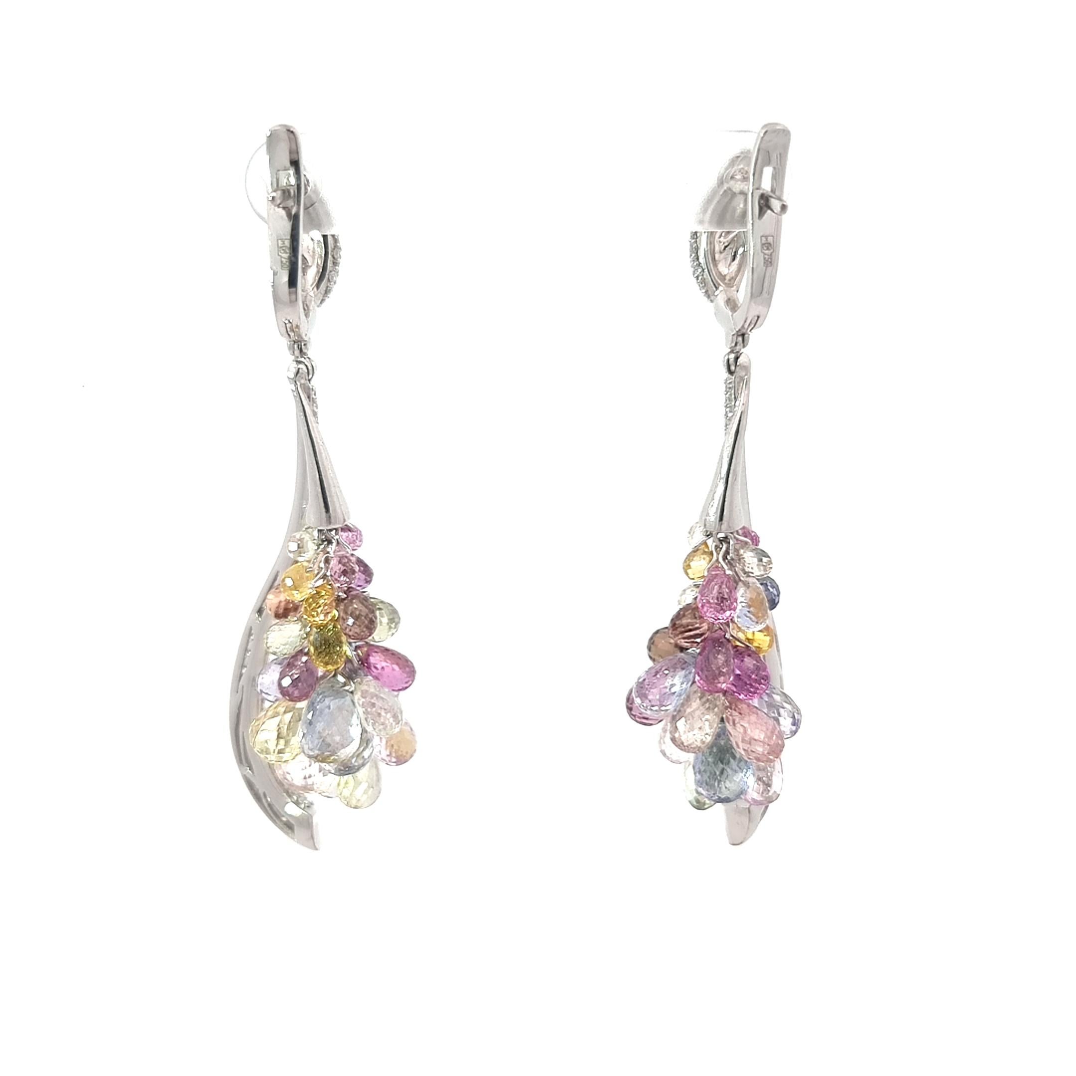 Briolette Cut 18K White Gold Earrings with Briolette Multi Colour Sapphires and White Diamonds For Sale