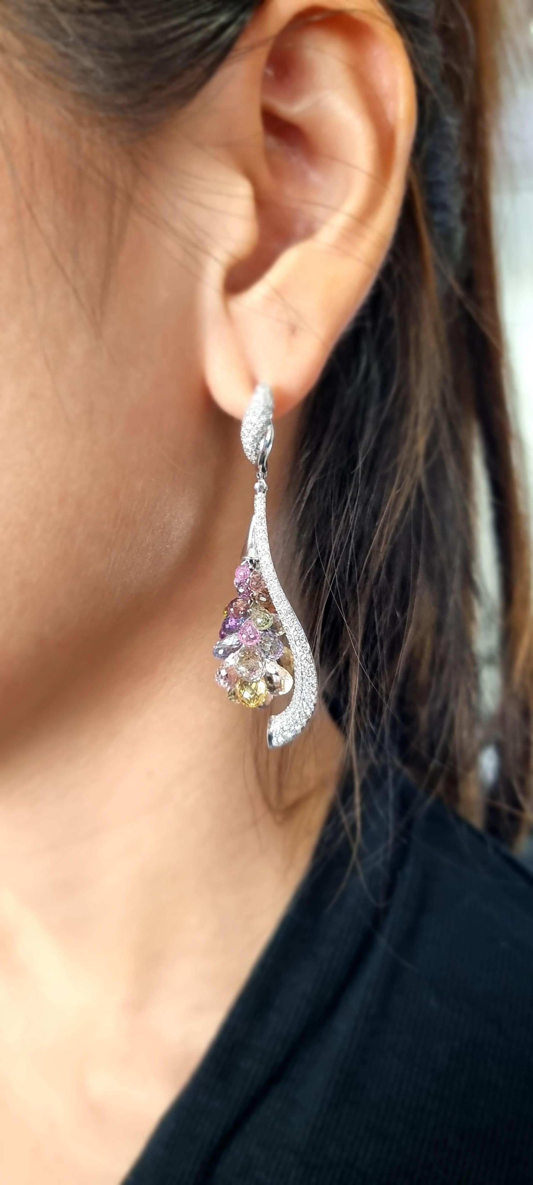 18K White Gold Earrings with Briolette Multi Colour Sapphires and White Diamonds In New Condition For Sale In ประเวศ, TH