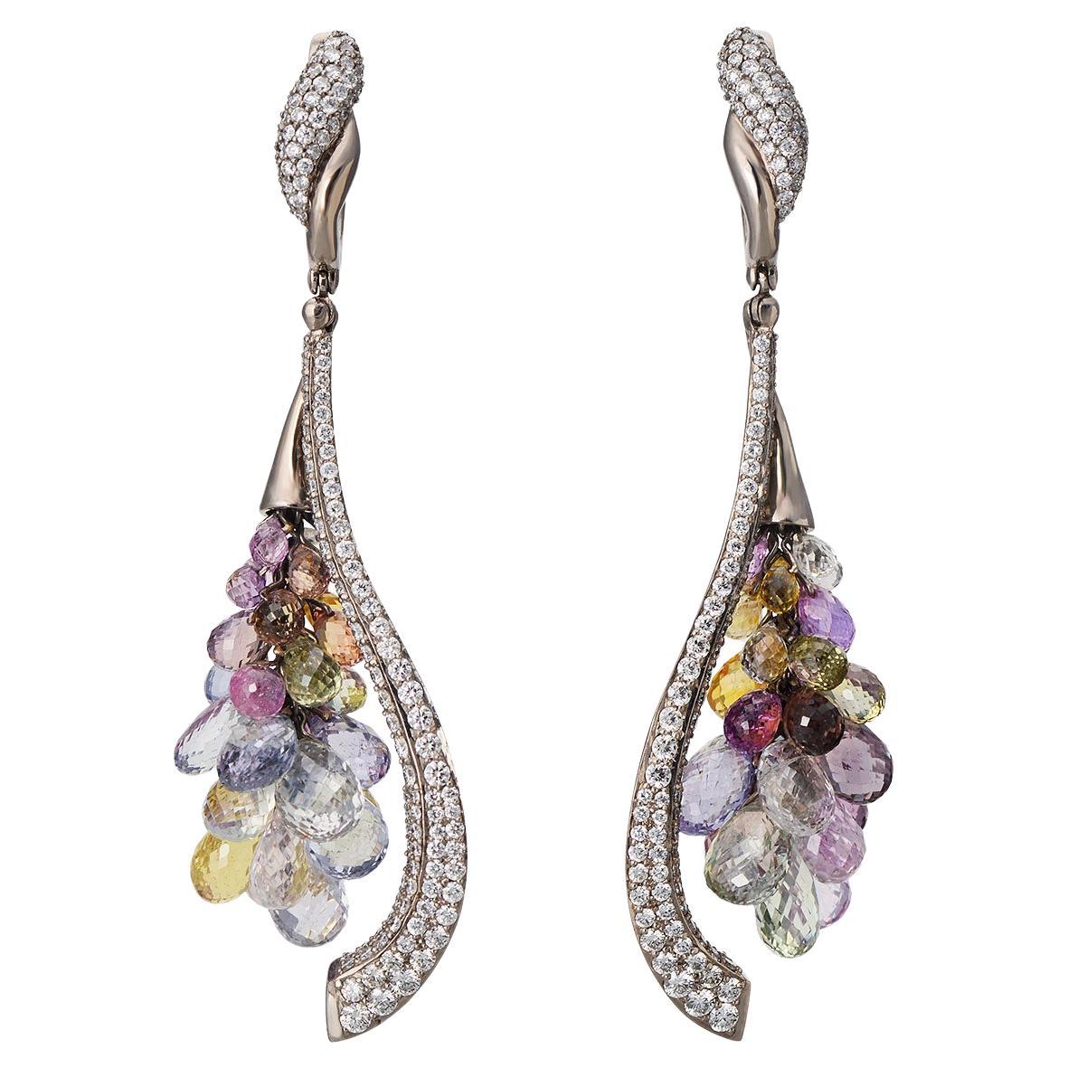 18K White Gold Earrings with Briolette Multi Colour Sapphires and White Diamonds For Sale