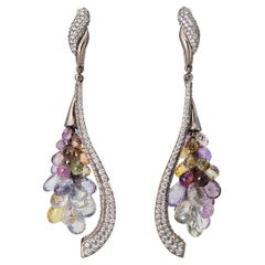 18K White Gold Earrings with Briolette Multi Colour Sapphires and White Diamonds