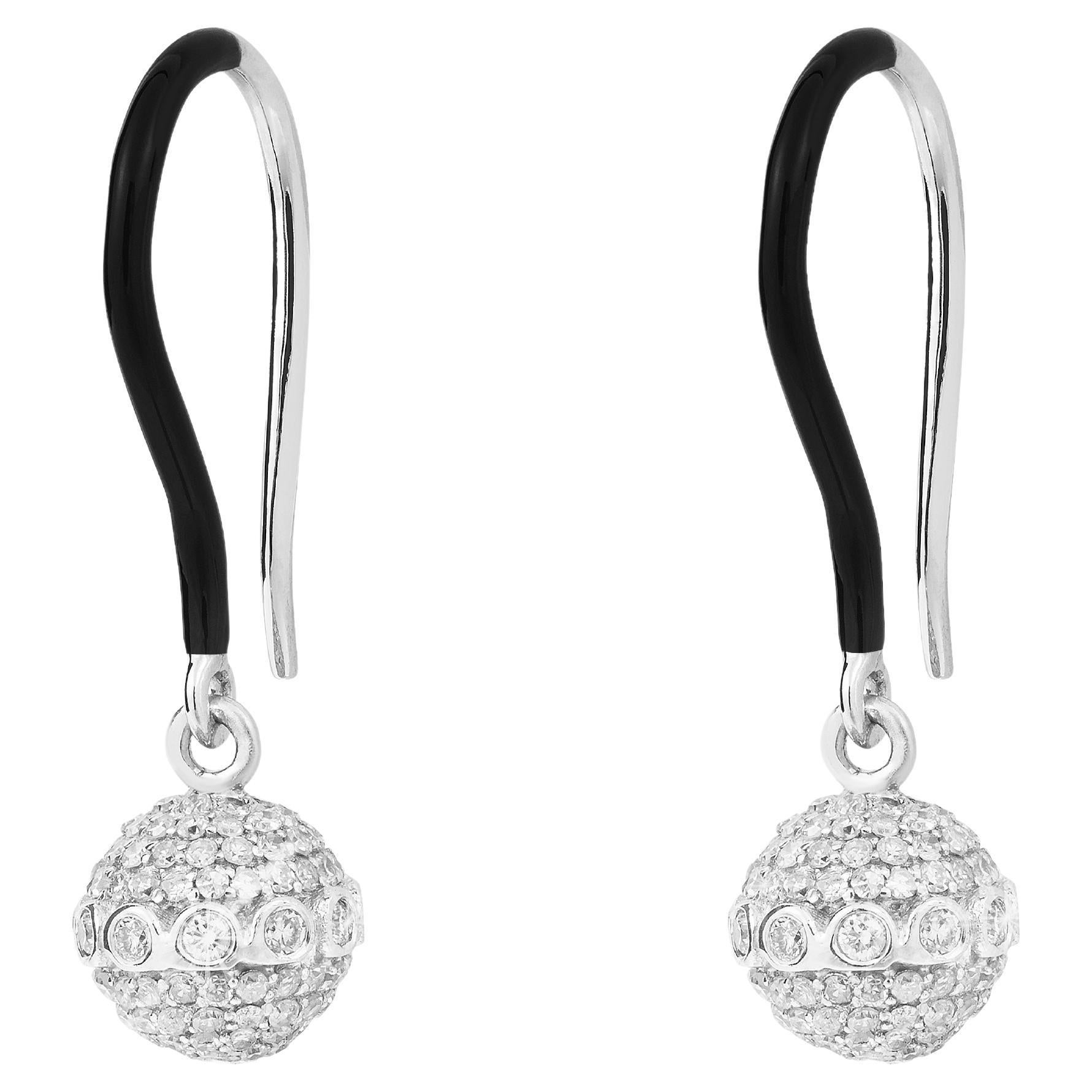 18k White Gold Earrings with Diamond-Encrusted Orbs and Black Enamel