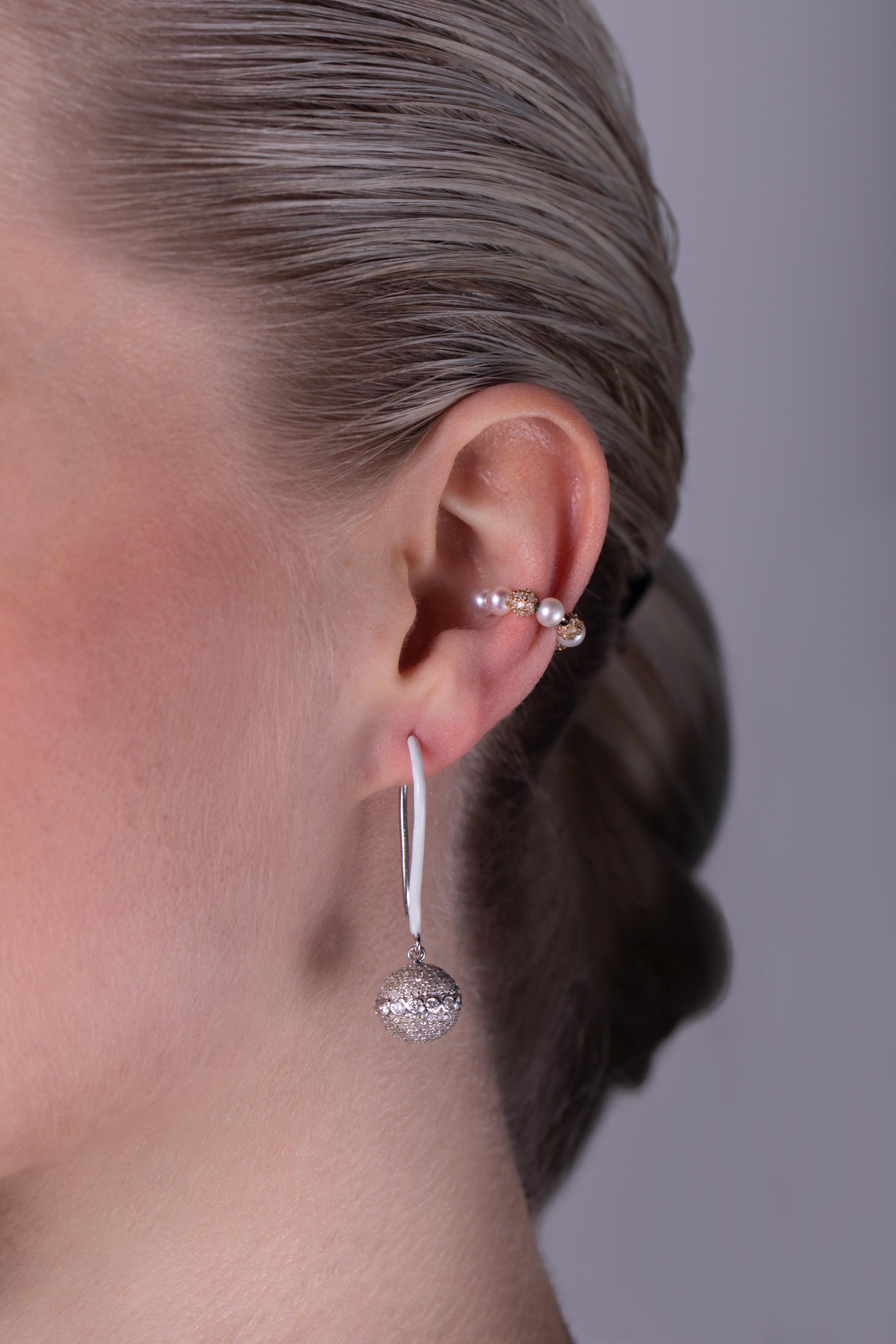 Brilliant Cut 18k White Gold Earrings with Diamond-Encrusted Orbs and White Enamel