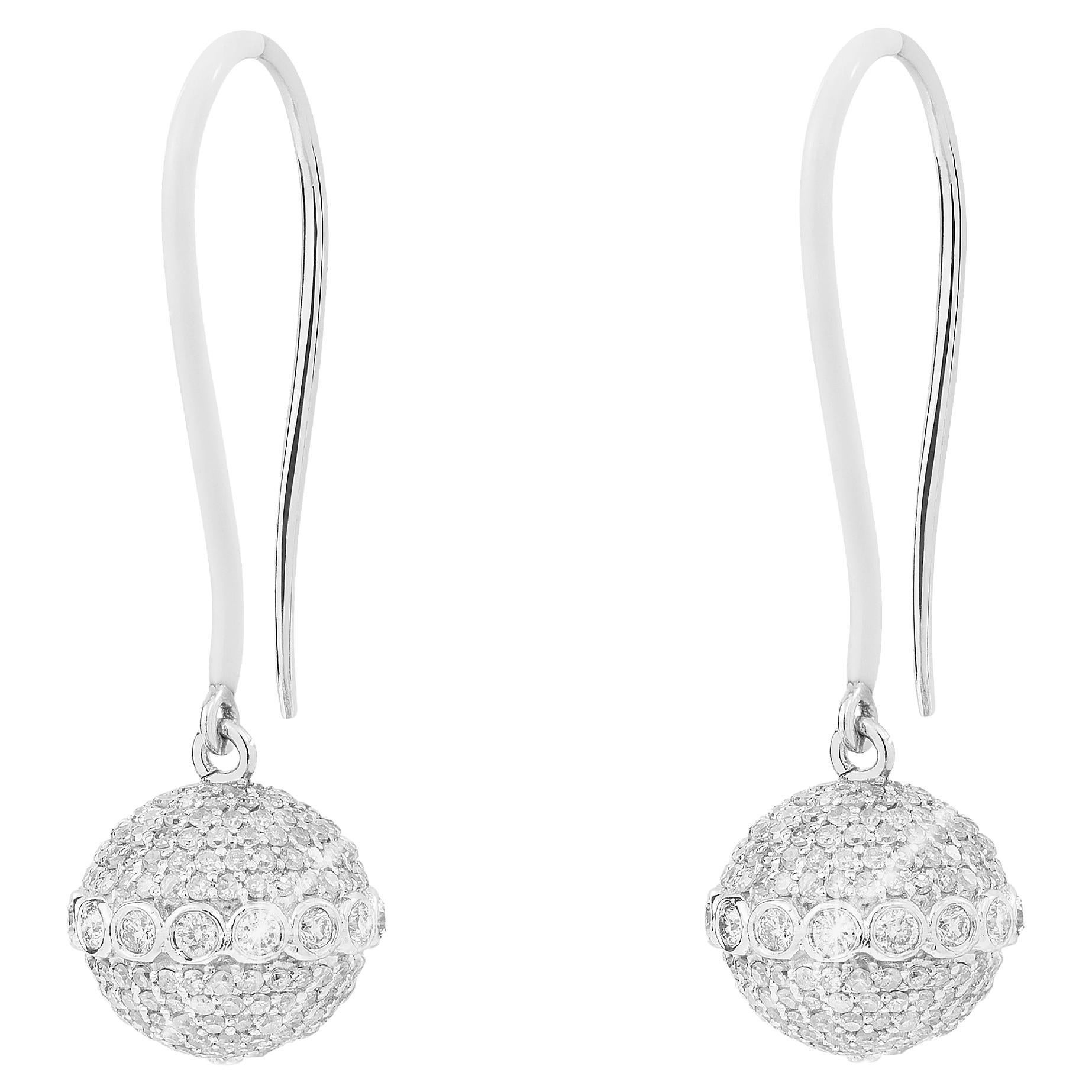 18k White Gold Earrings with Diamond-Encrusted Orbs and White Enamel For Sale