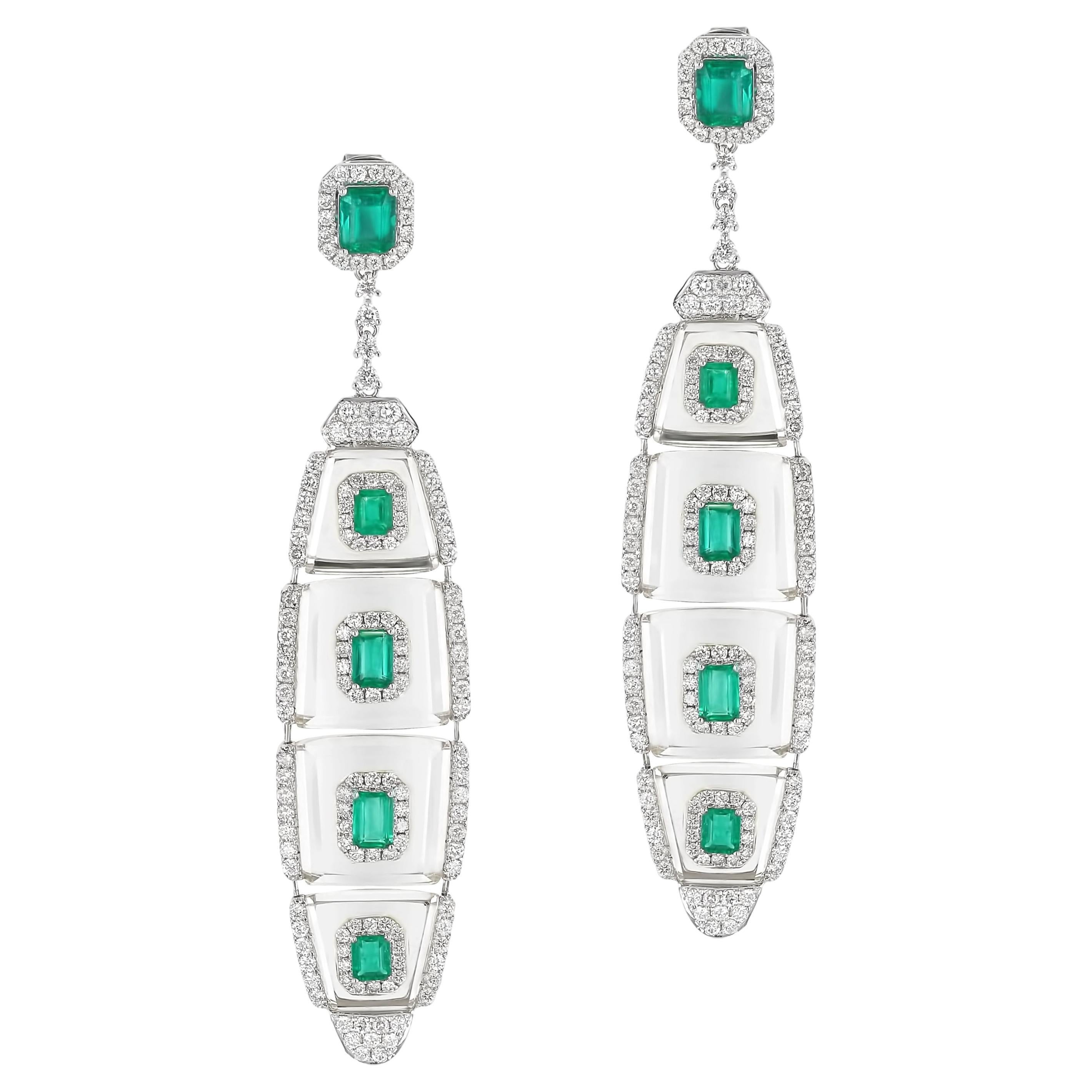 18K White Gold Earrings with Emerald and Diamonds For Sale