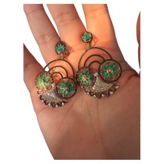 18K White Gold Earrings with Emerald and White, Brown and Black Diamonds