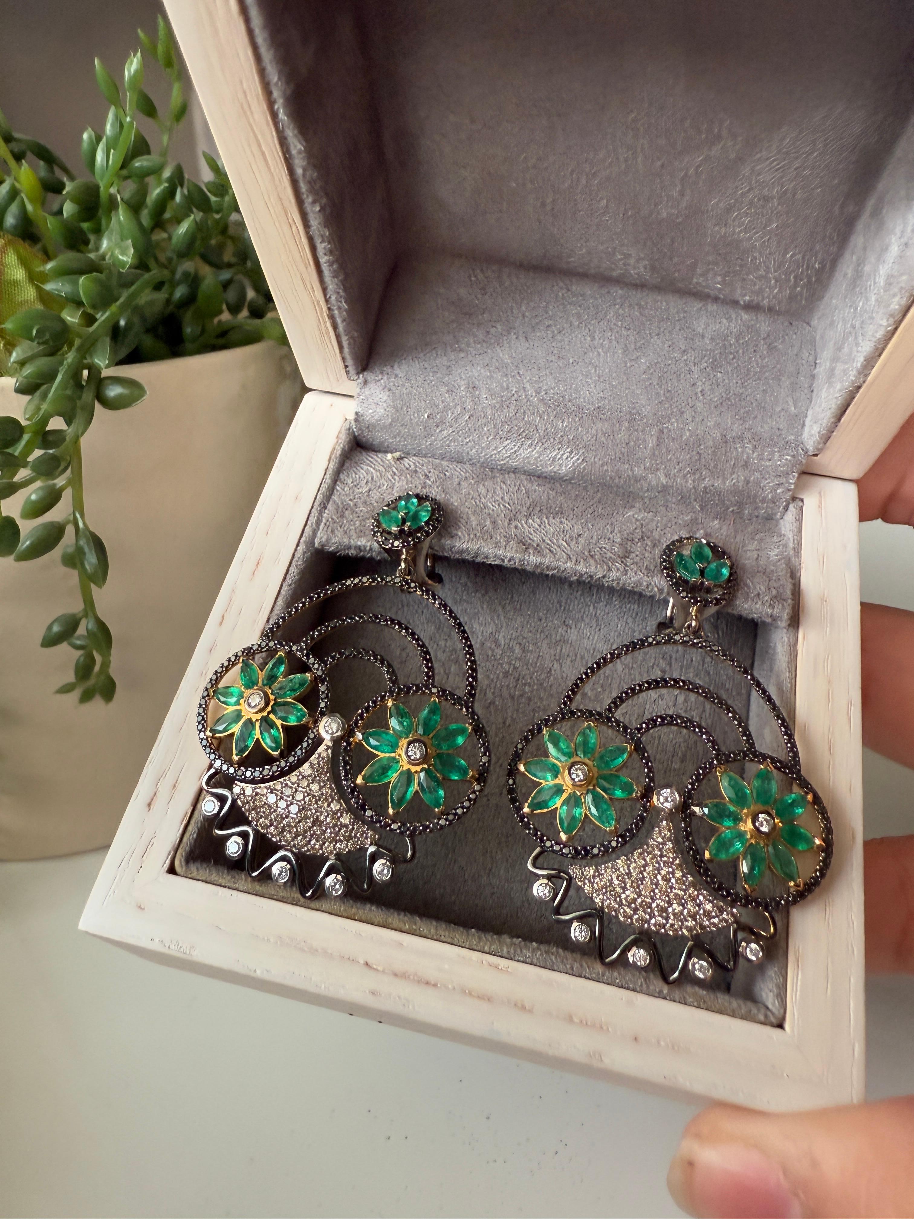 Marquise Cut 18K White Gold Earrings with Emerald and White, Brown and Black Diamonds For Sale