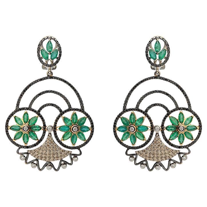 18K White Gold Earrings with Emerald and White, Brown and Black Diamonds
