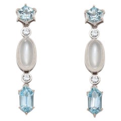 18k White Gold Earrings with Moonstone, Aquamarine and Diamonds