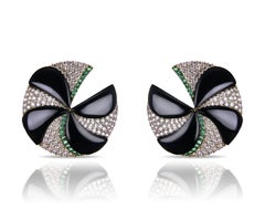 18K White Gold Earrings With Onyx, Diamond and Emerald - Handmade, Unisex