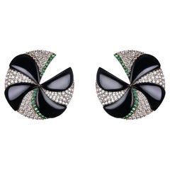 18K White Gold Earrings With Onyx, Diamond and Emerald - Handmade, Unisex