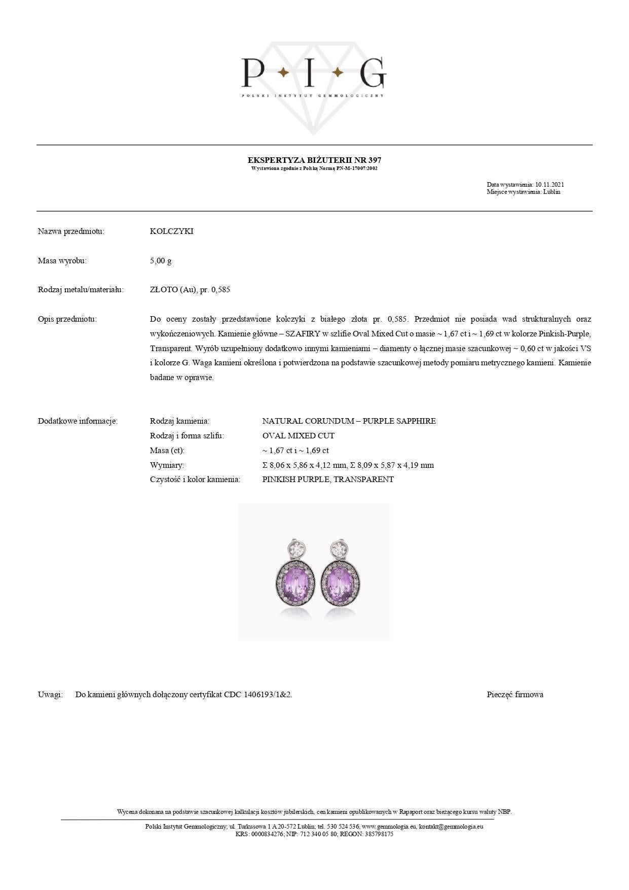 Boucles d'oreilles en or blanc 18k avec saphirs roses-violets - 3.35 ct et diamants - 0.60 Neuf - En vente à Warszawa, PL