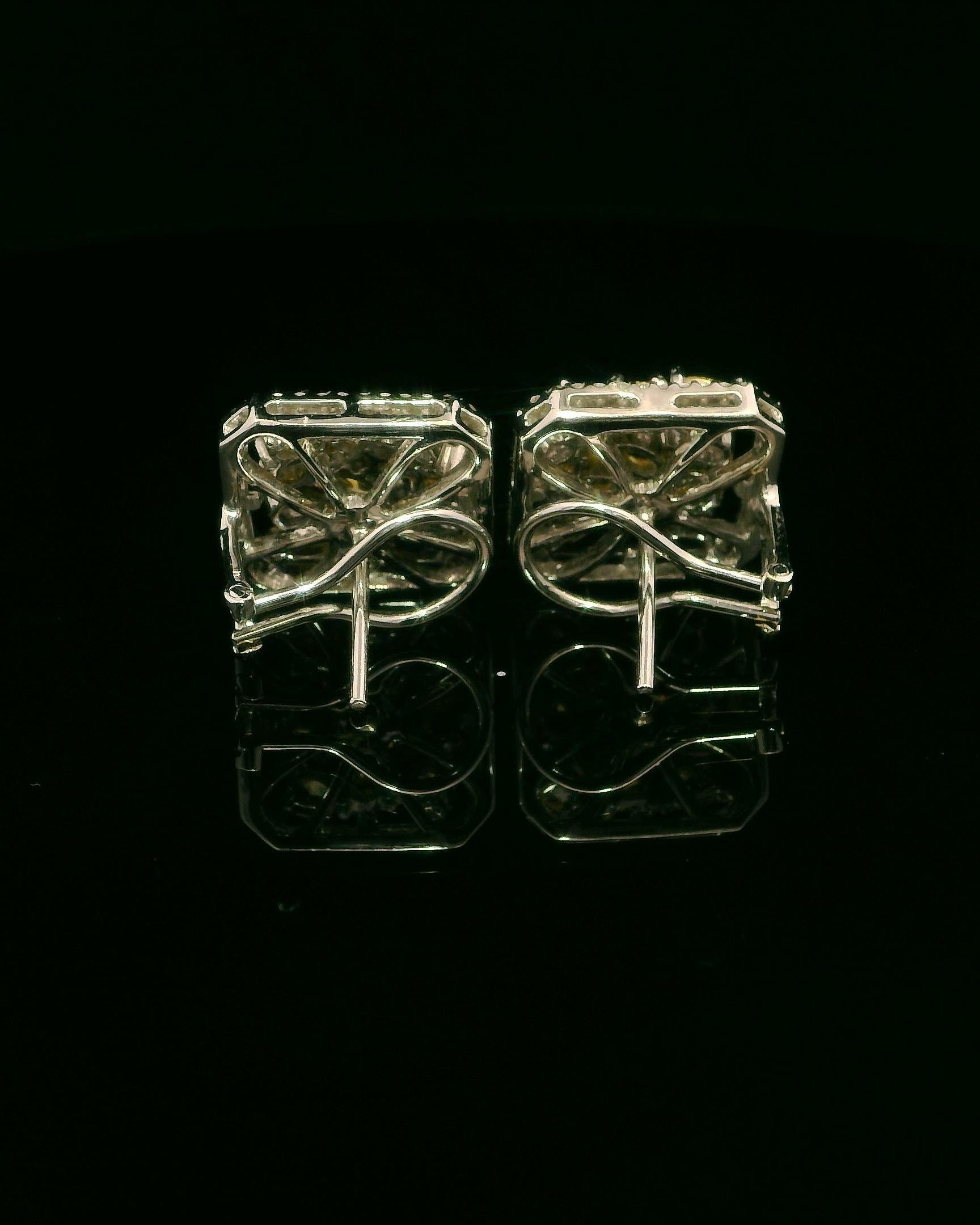 18K White Gold Earrings with Rare Fancy Color Diamonds and White Diamond Halo For Sale 6