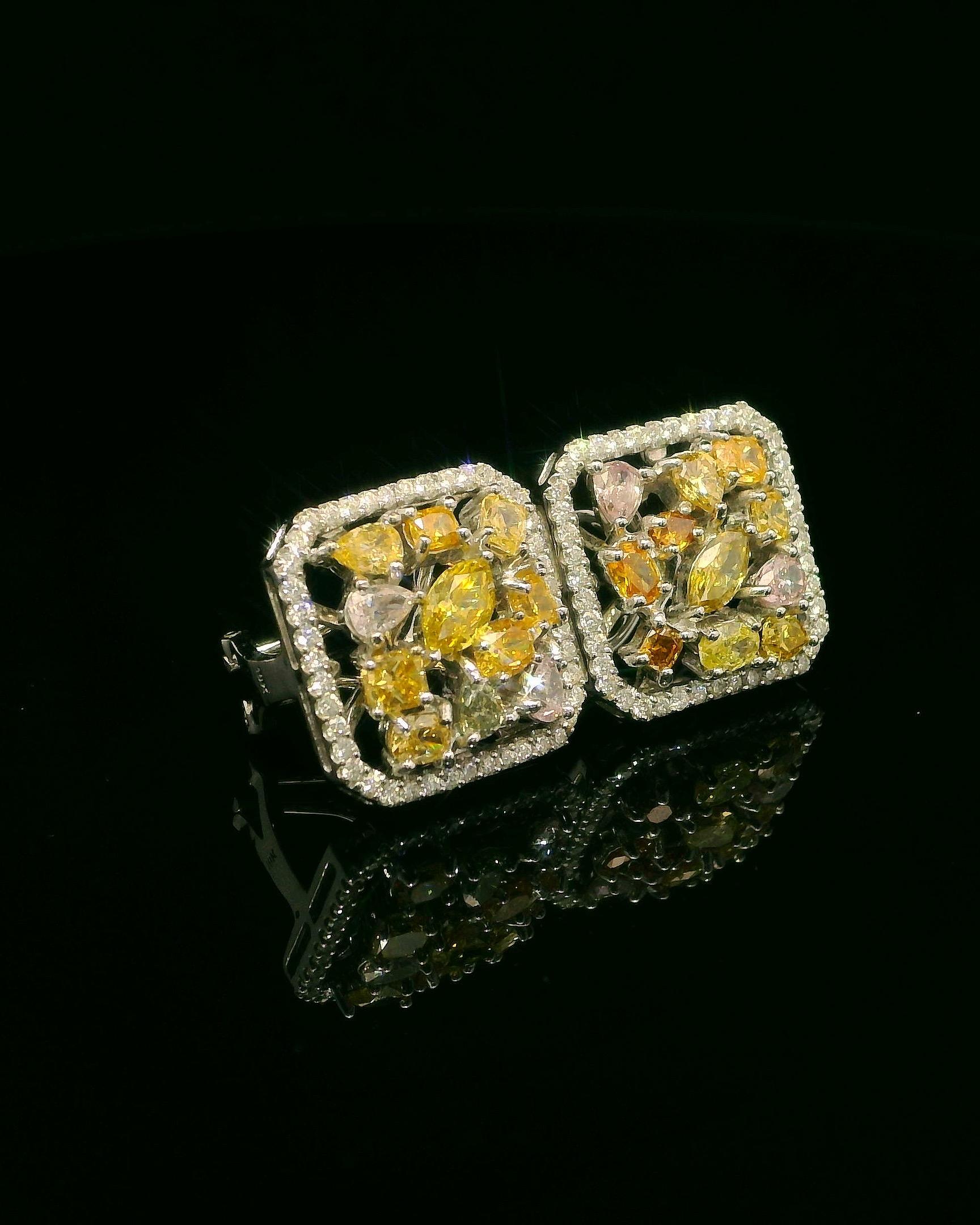 Round Cut 18K White Gold Earrings with Rare Fancy Color Diamonds and White Diamond Halo For Sale
