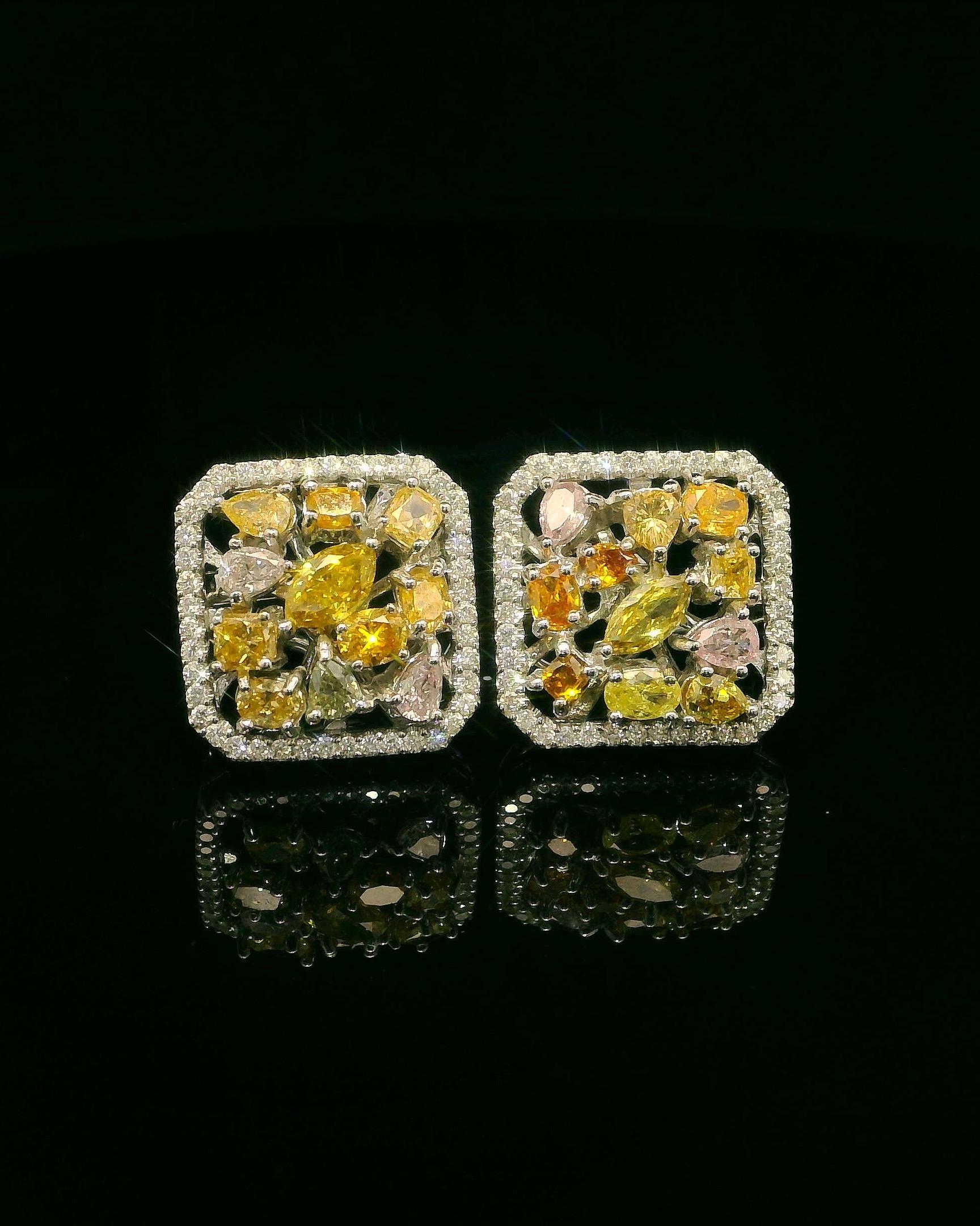 Women's or Men's 18K White Gold Earrings with Rare Fancy Color Diamonds and White Diamond Halo For Sale