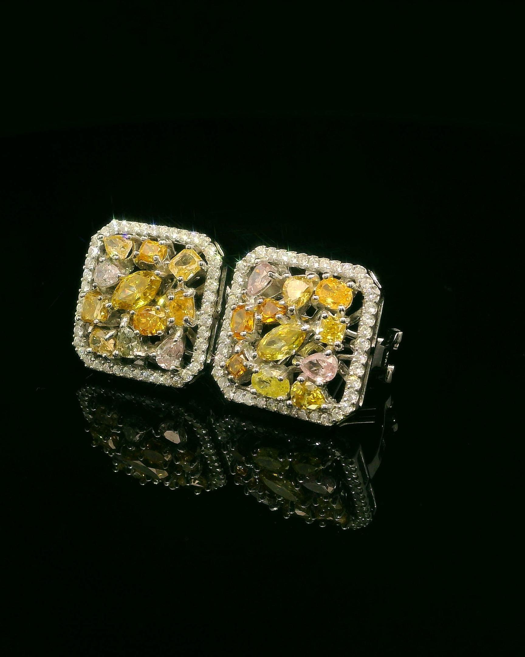 18K White Gold Earrings with Rare Fancy Color Diamonds and White Diamond Halo For Sale 2