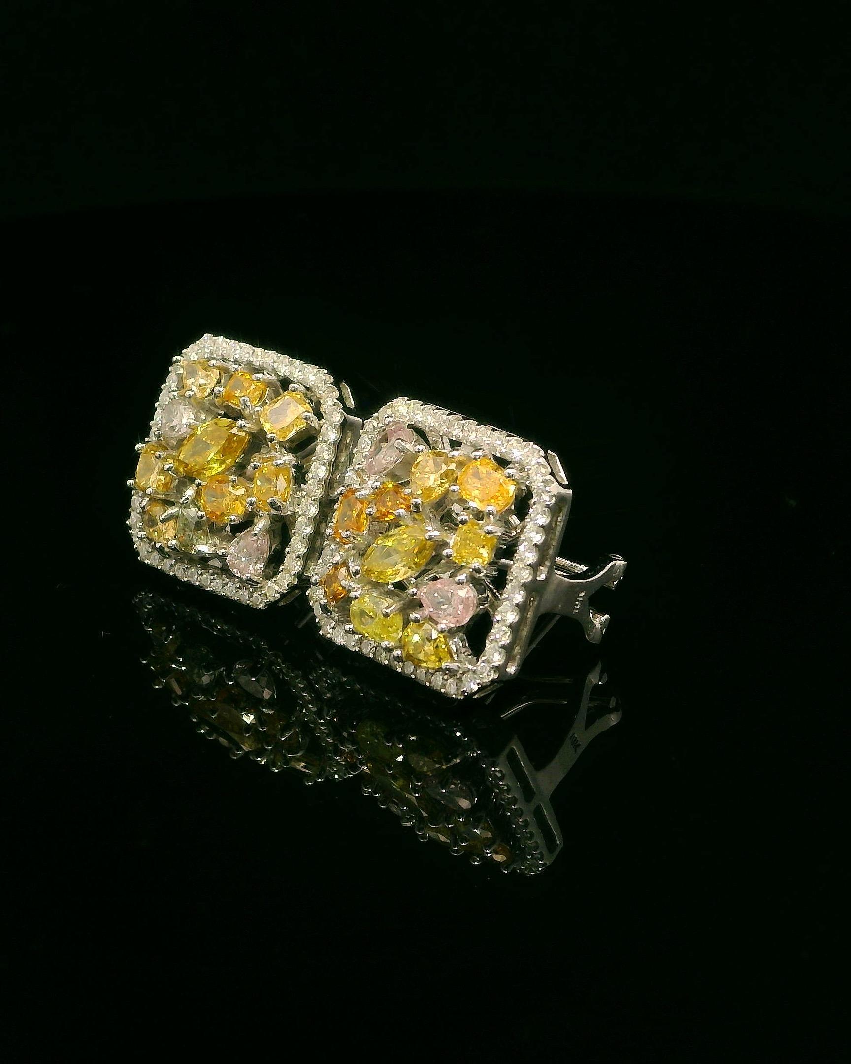 18K White Gold Earrings with Rare Fancy Color Diamonds and White Diamond Halo For Sale 3