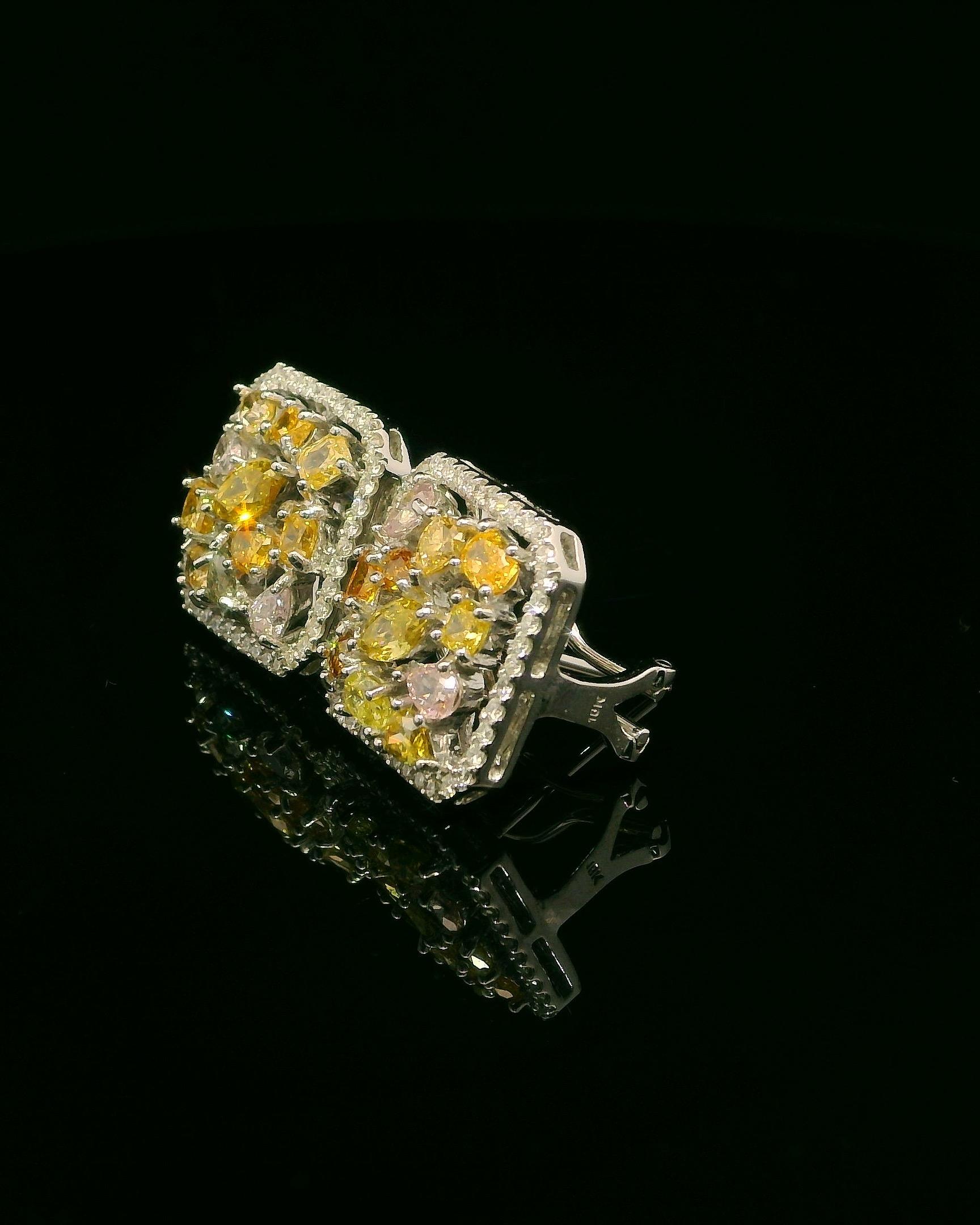 18K White Gold Earrings with Rare Fancy Color Diamonds and White Diamond Halo For Sale 4