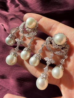 18K White Gold Edwardian Inspired Diamond and Pearl Chandelier Earrings