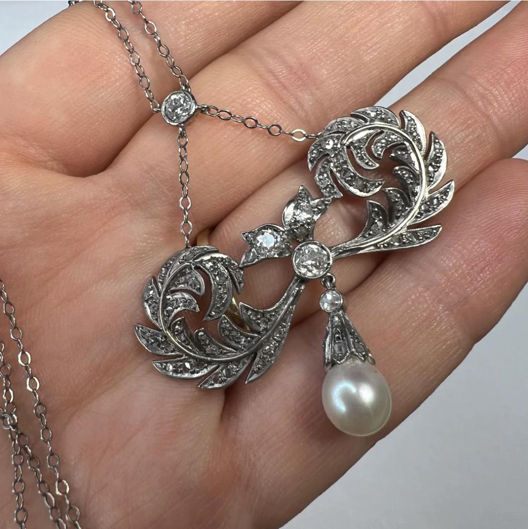 18K White Gold Edwardian Pearl & Old Mine Diamond Lariat Necklace For Sale 6