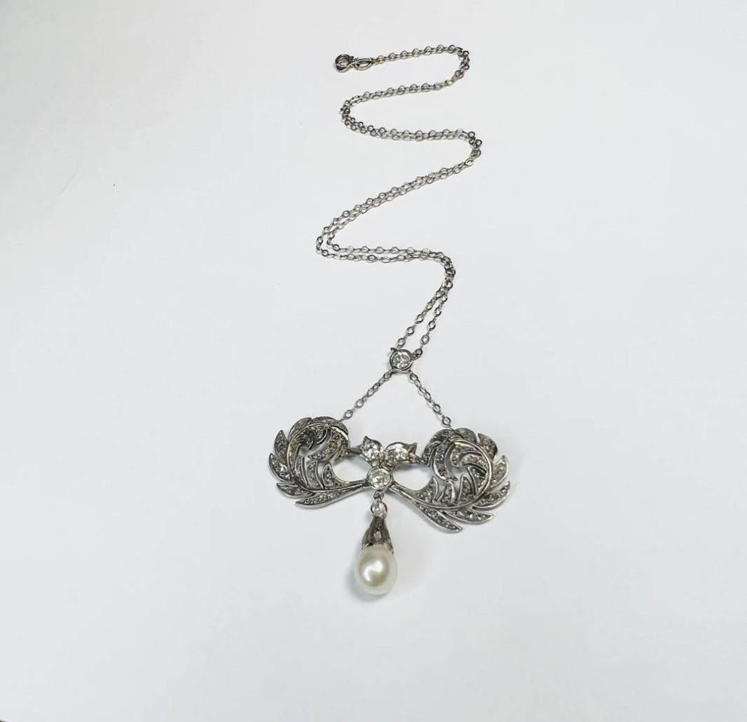 18K White Gold Edwardian Pearl & Old Mine Diamond Lariat Necklace For Sale 4