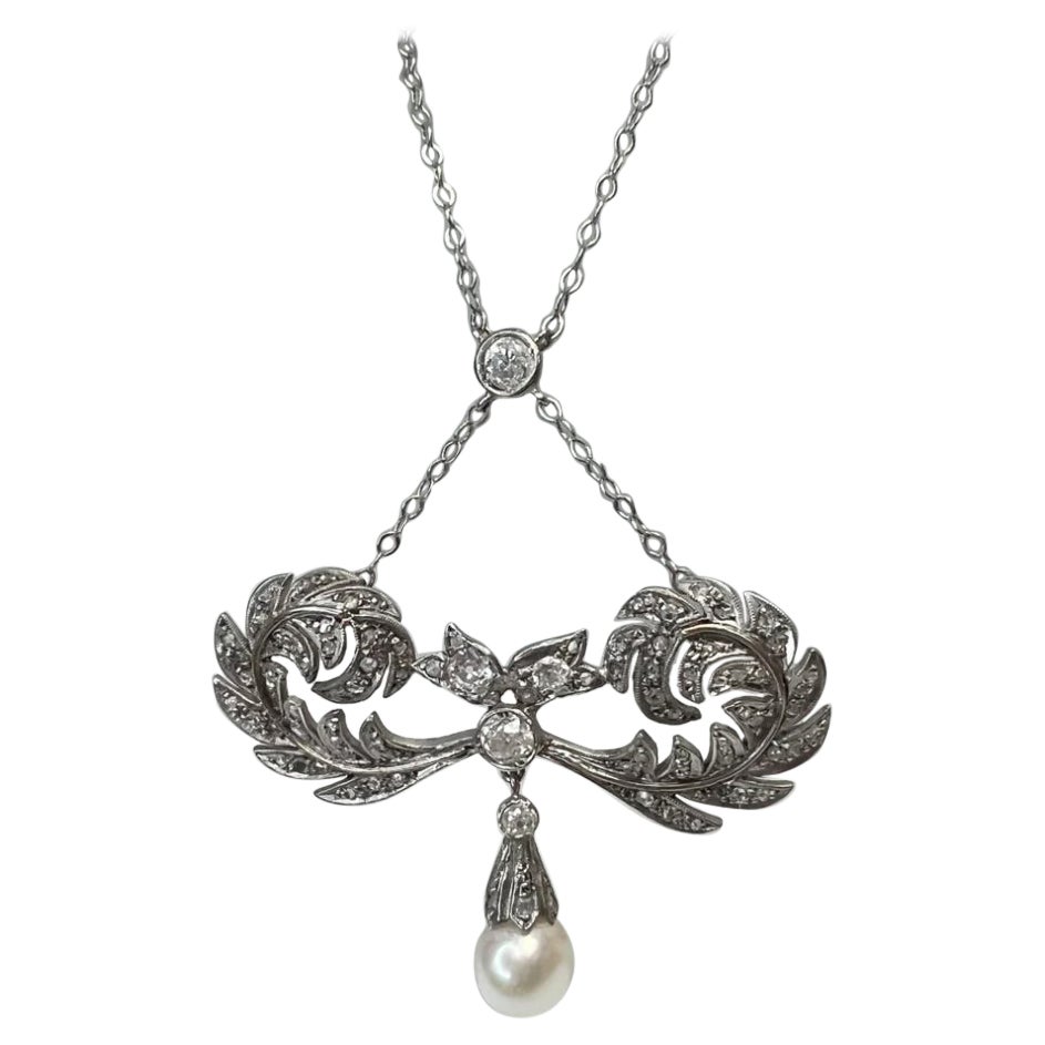 Collar Lariat Edwardian de Oro Blanco de 18 K con Perlas y Diamantes de Mina Antigua en venta