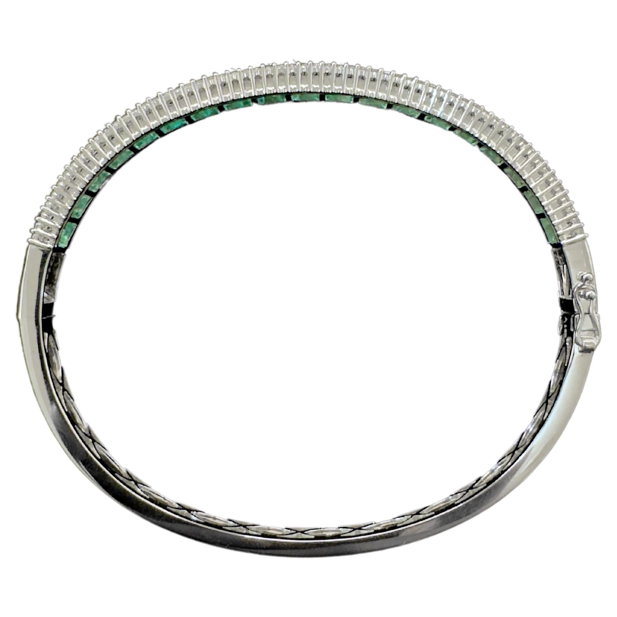 Baguette Cut 18k White Gold Emerald and Diamond Bangle For Sale