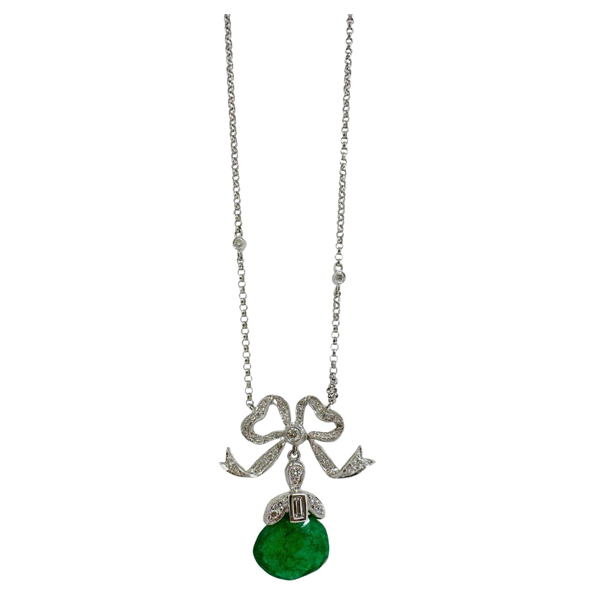 18K White Gold Emerald and Diamond Bow Necklace