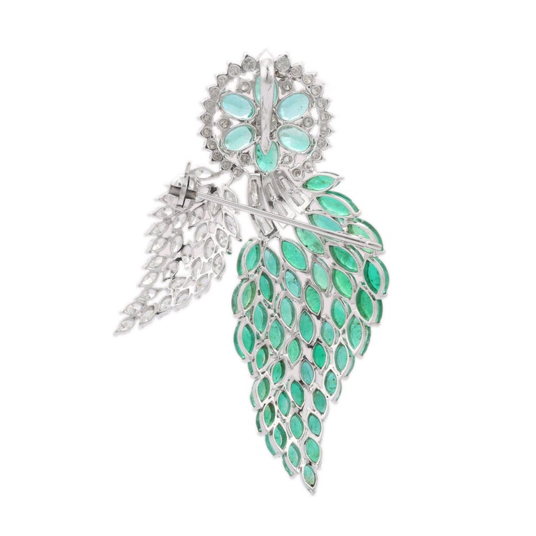 Modern 18K White Gold Emerald and Diamond Brooch For Sale