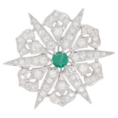 18k White Gold Emerald and Diamond Brooch