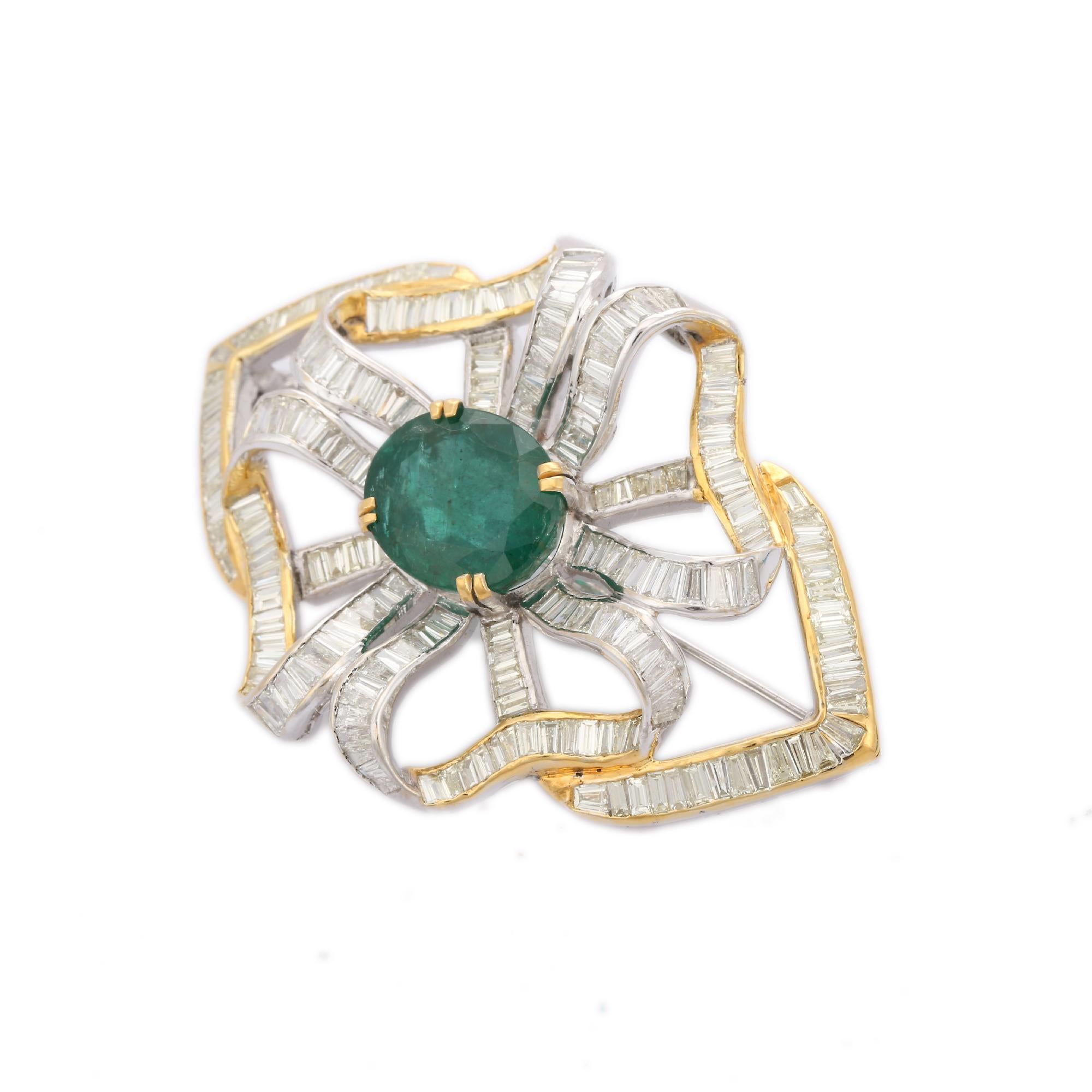 Diamond Emerald Floral Bow Brooch Made in 18K Gold which is a fusion of surrealism and pop-art, designed to make a bold statement. Crafted with love and attention to detail, this features 11.61 carats of emerald which makes you stand out of the
