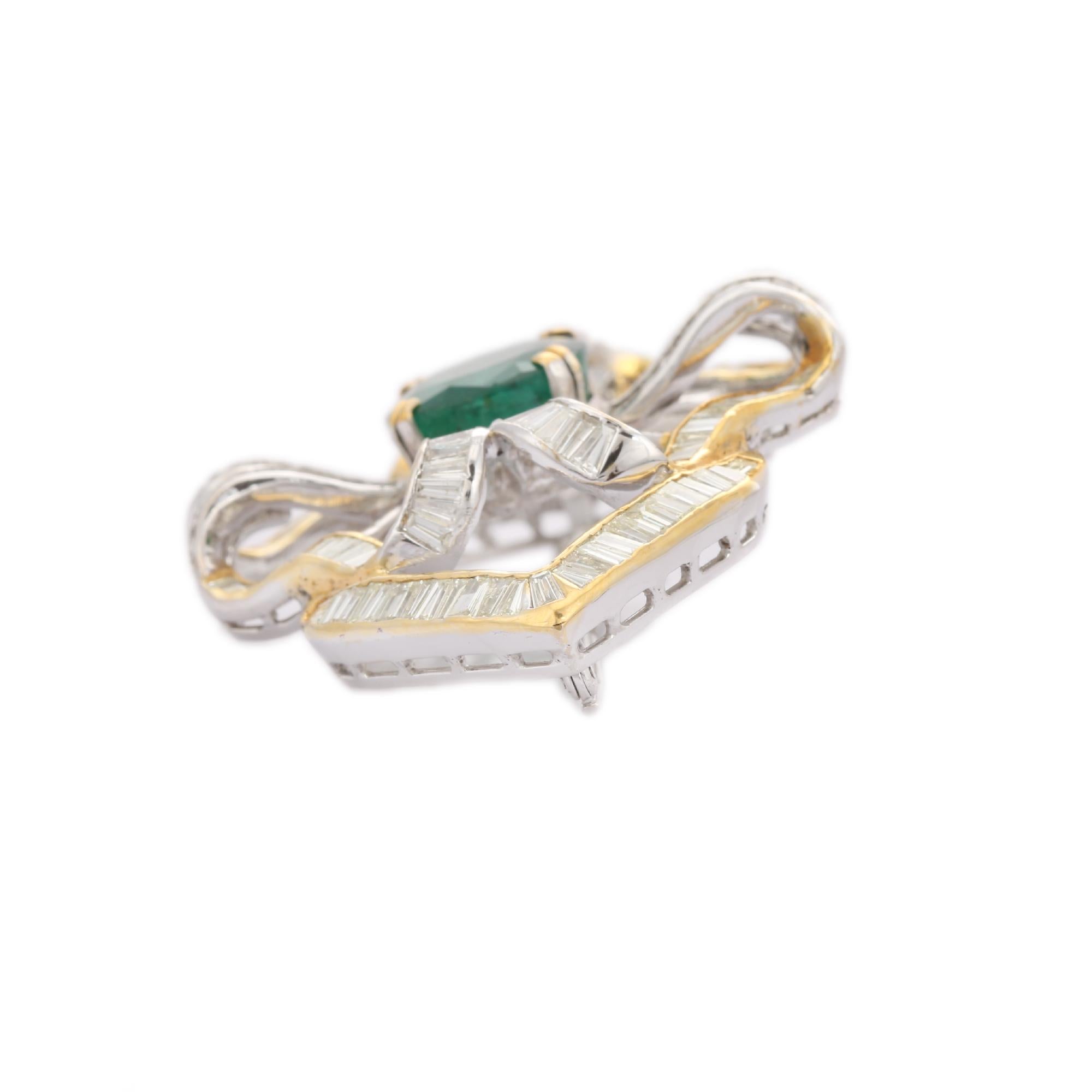 Contemporary 18k Solid White Gold 11.61 CTW Emerald and Diamond Floral Bow Brooch Pin For Sale