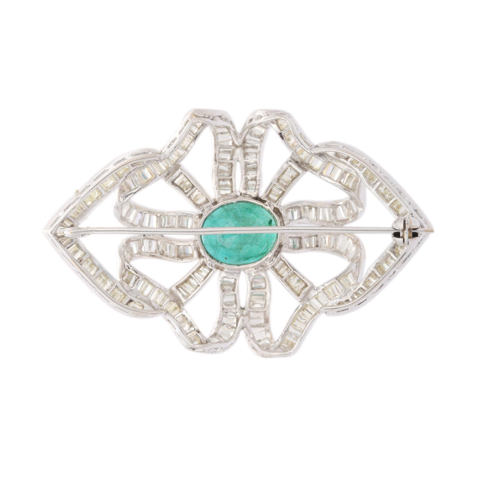 Oval Cut 18k Solid White Gold 11.61 CTW Emerald and Diamond Floral Bow Brooch Pin For Sale
