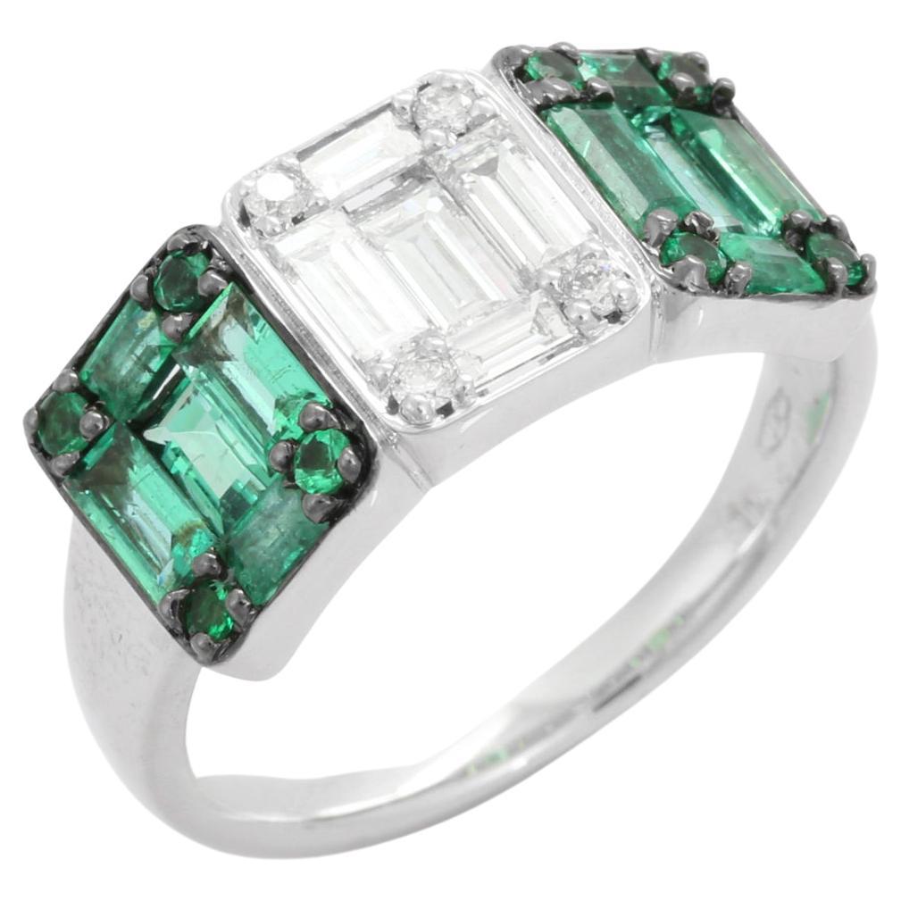 18ct White Gold Diamond & Emerald 3 Stone Ring main image 1