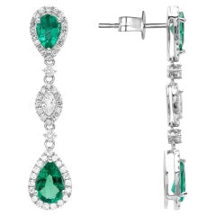 18K White Gold Emerald and Diamond Drop Dangle Earrings