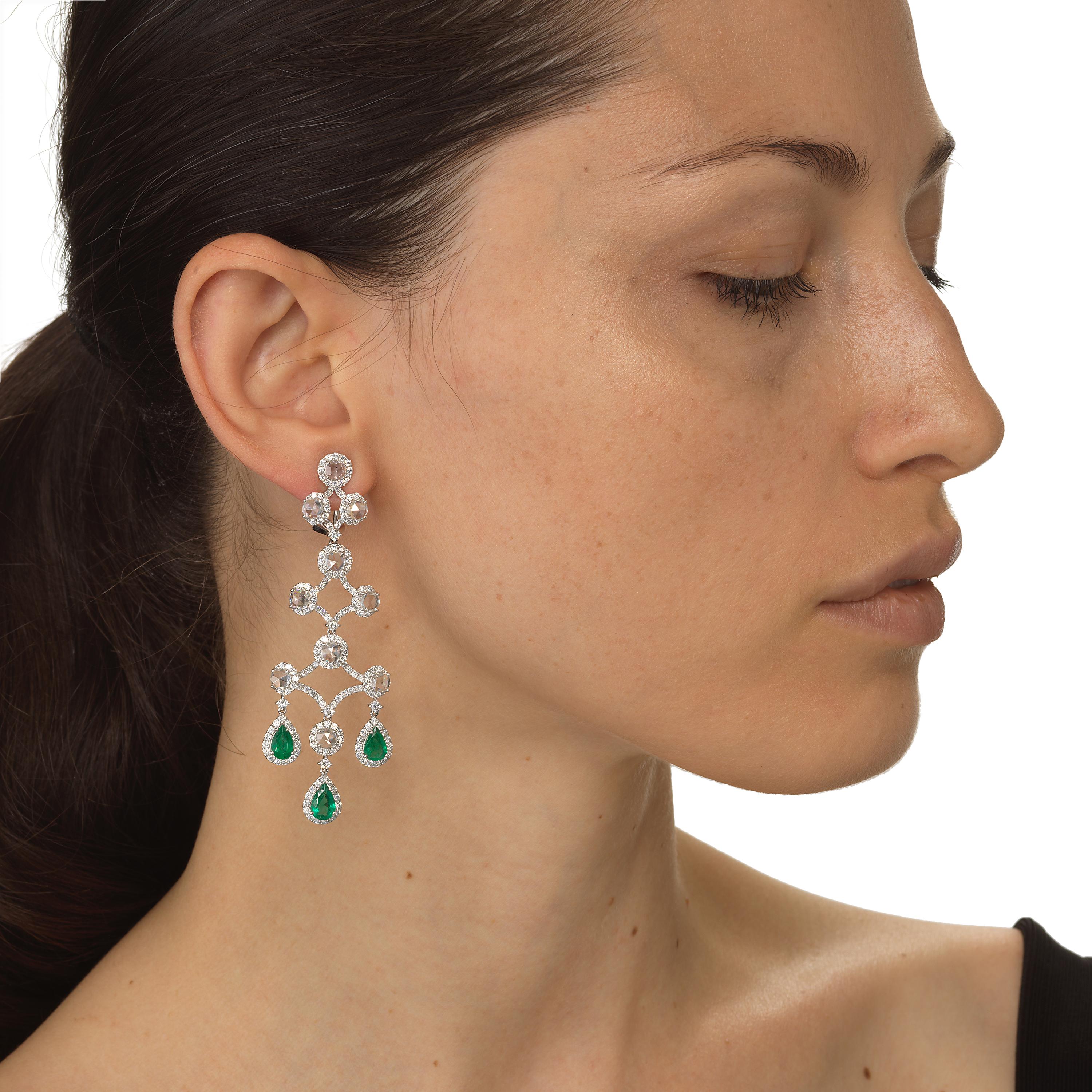 Contemporary 3.5ct. T.W. Emerald and 8.3ct. T.W. Diamond Chandelier Earrings, 18K White Gold For Sale