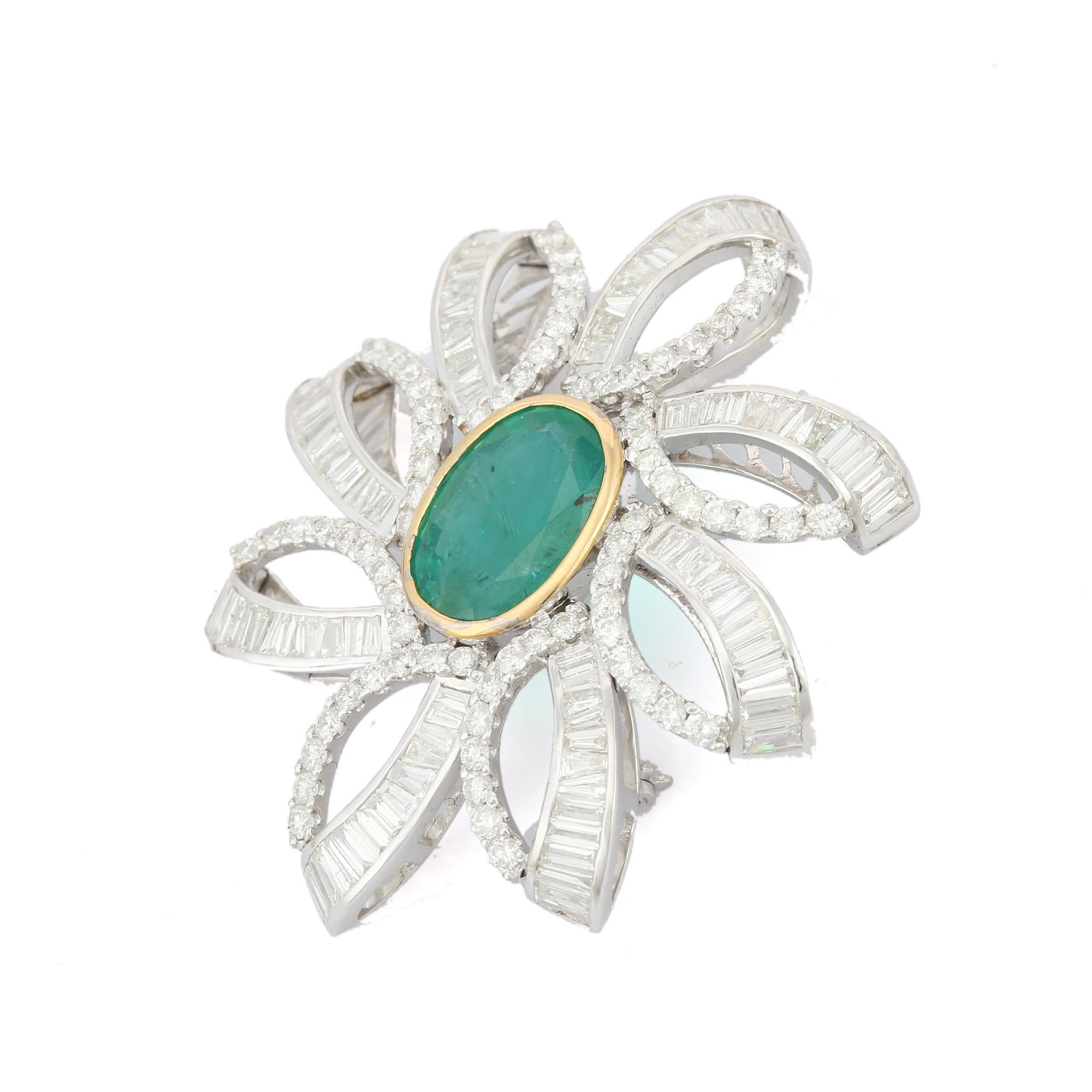 Contemporary  18k Solid White Gold Diamond and 7.5 Carats Emerald Blooming Floral Brooch For Sale