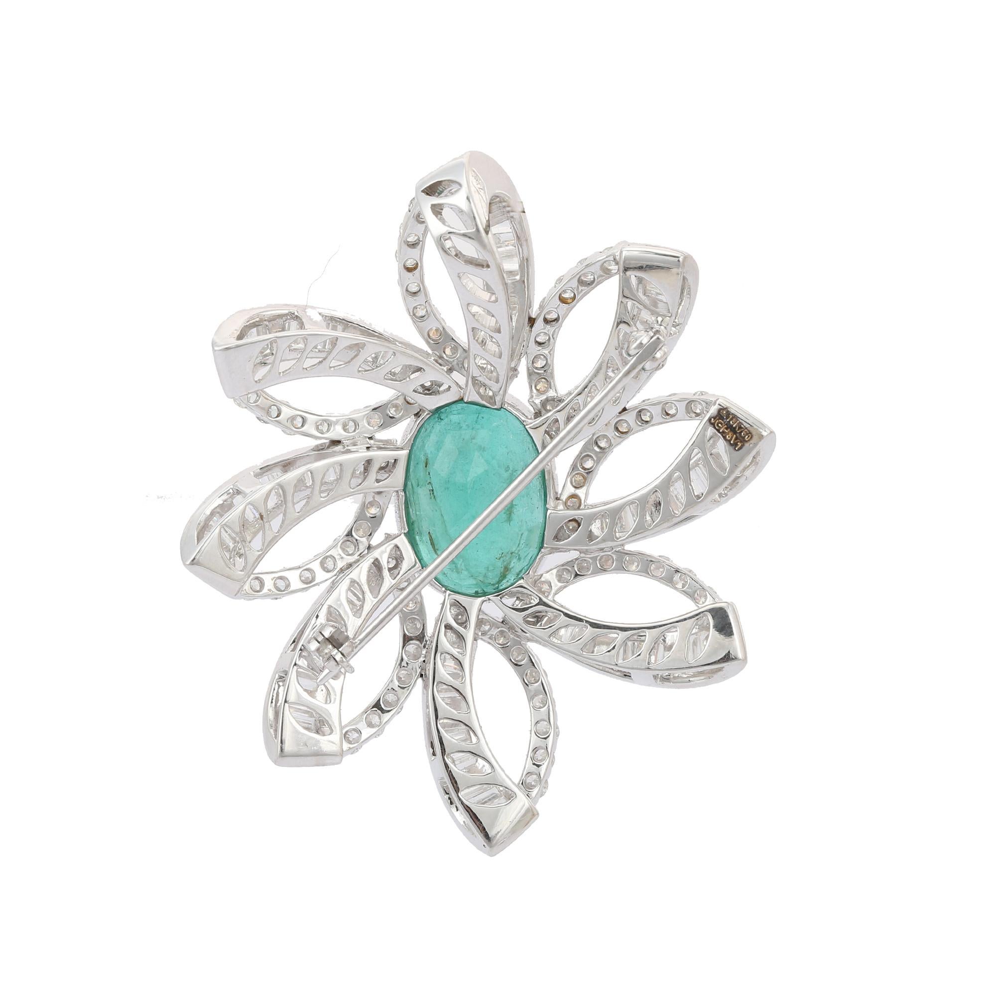  18k Solid White Gold Diamond and 7.5 Carats Emerald Blooming Floral Brooch For Sale 1