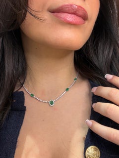 18K White Gold Emerald and Diamond Halfway Tennis Necklace 3.51 Carats Total