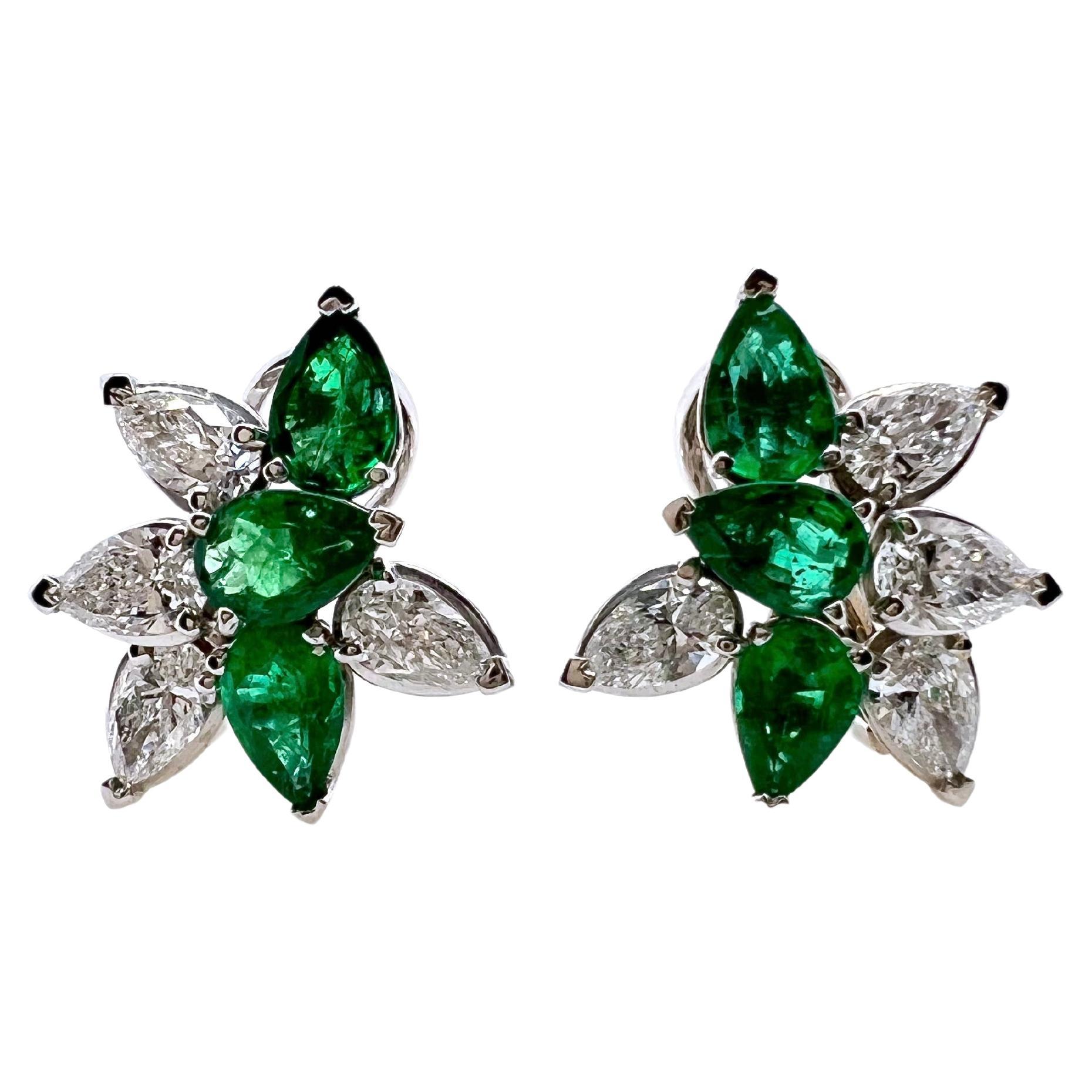 18k White Gold Emerald and Diamond Pear Shaped Cluster Earrings For Sale