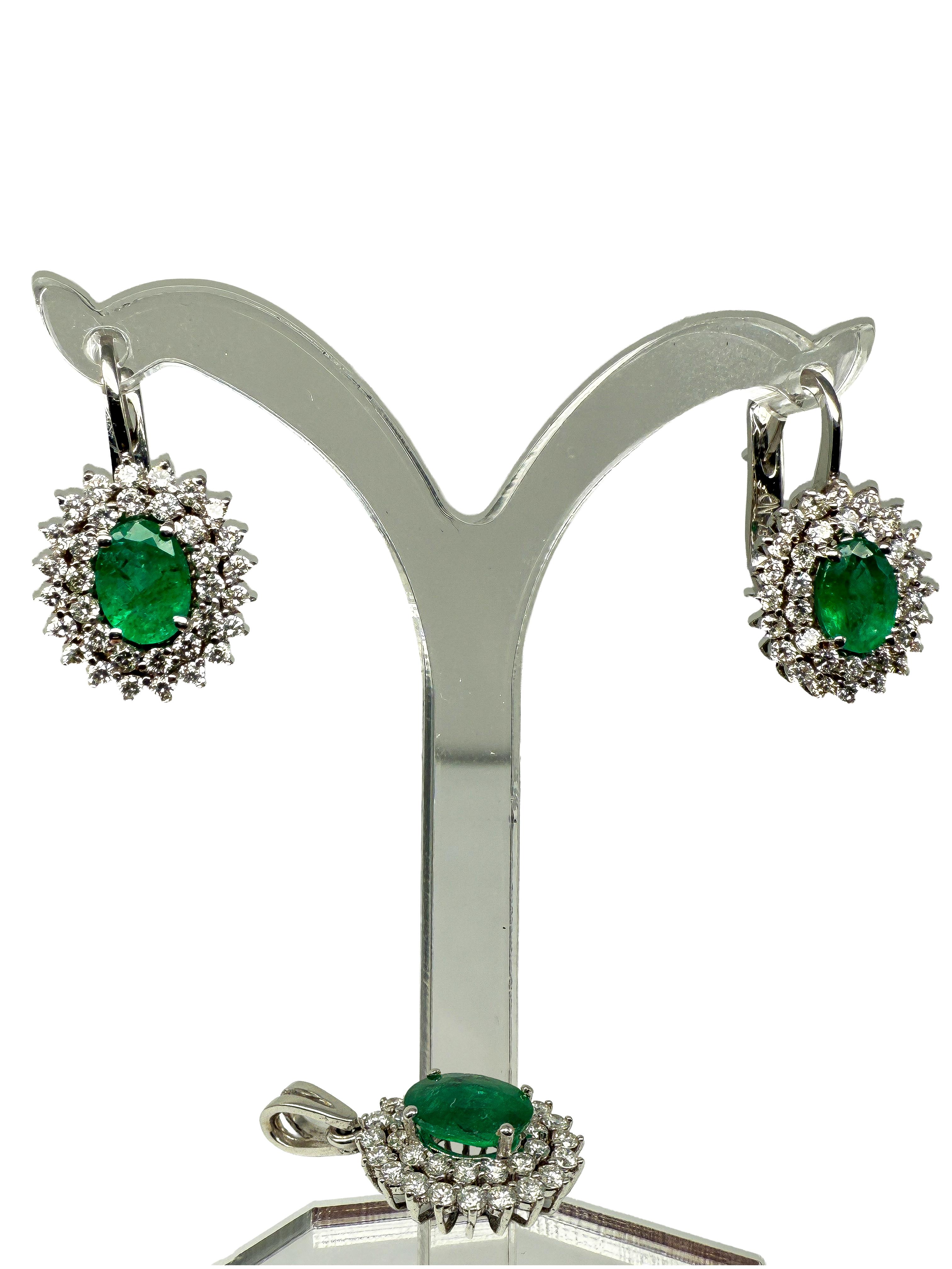 18K White Gold Emerald and Diamond Pendant & Earring Set
